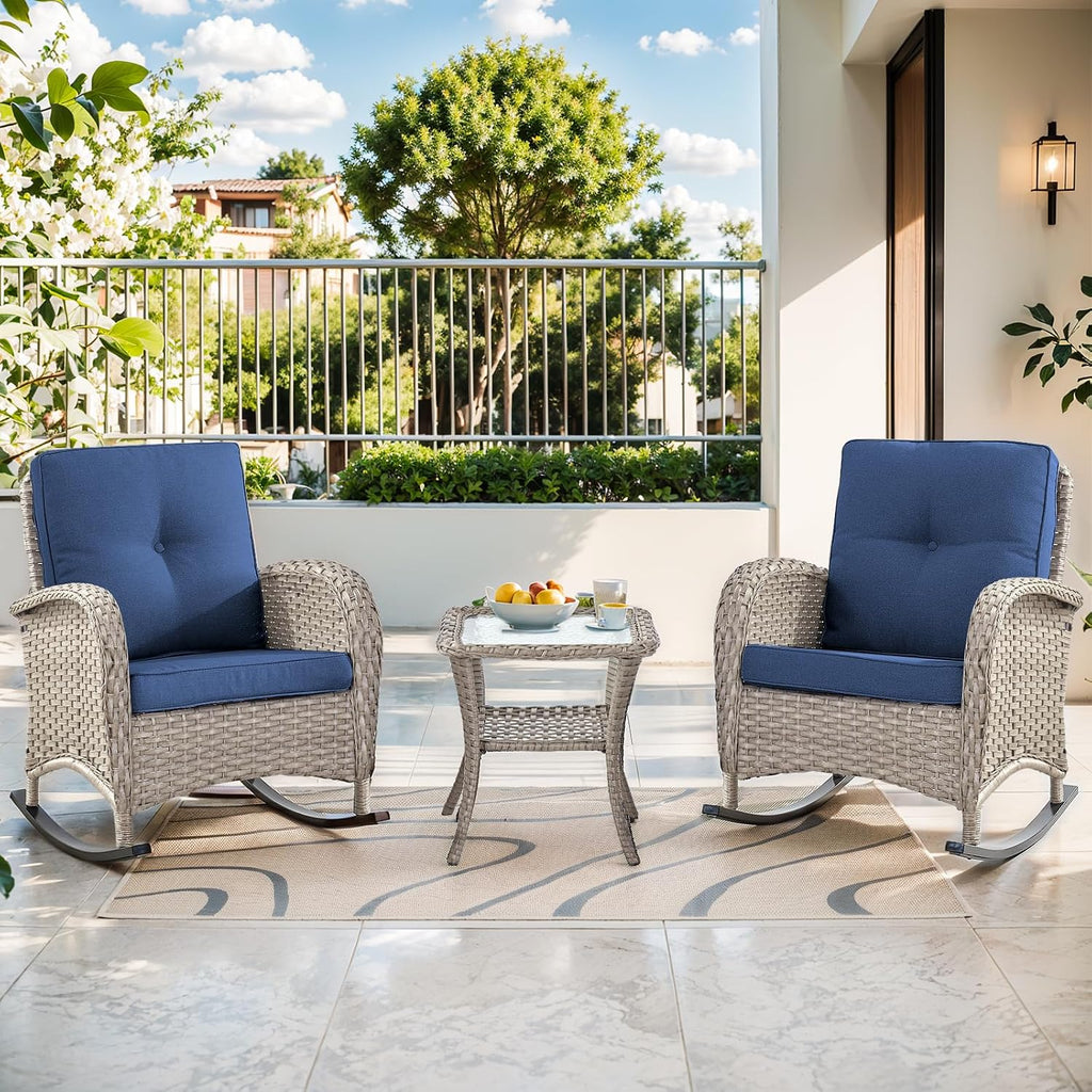 Patio Rocking Chair - 3 Peices Outdoor Wicker Rocker Porch Chair Set with Tempered Glass Side Table, 300 Lb Weight Capacity Rattan Seating for Balcony Garden - Light Beige/Blue