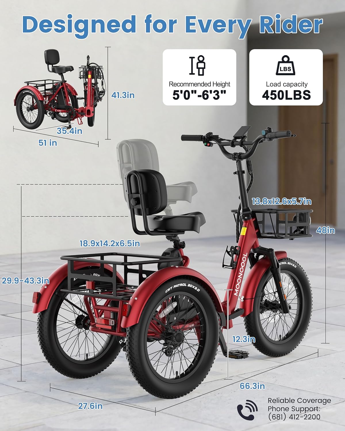MOONCOOL Electric Trike for Adults, 500W/750W 48V Electric Tricycle for Adults, 20'x3.0' Fat Tire 3 Wheel Electric Bike, Folding Aluminum Adult Tricycle with Removable Battery