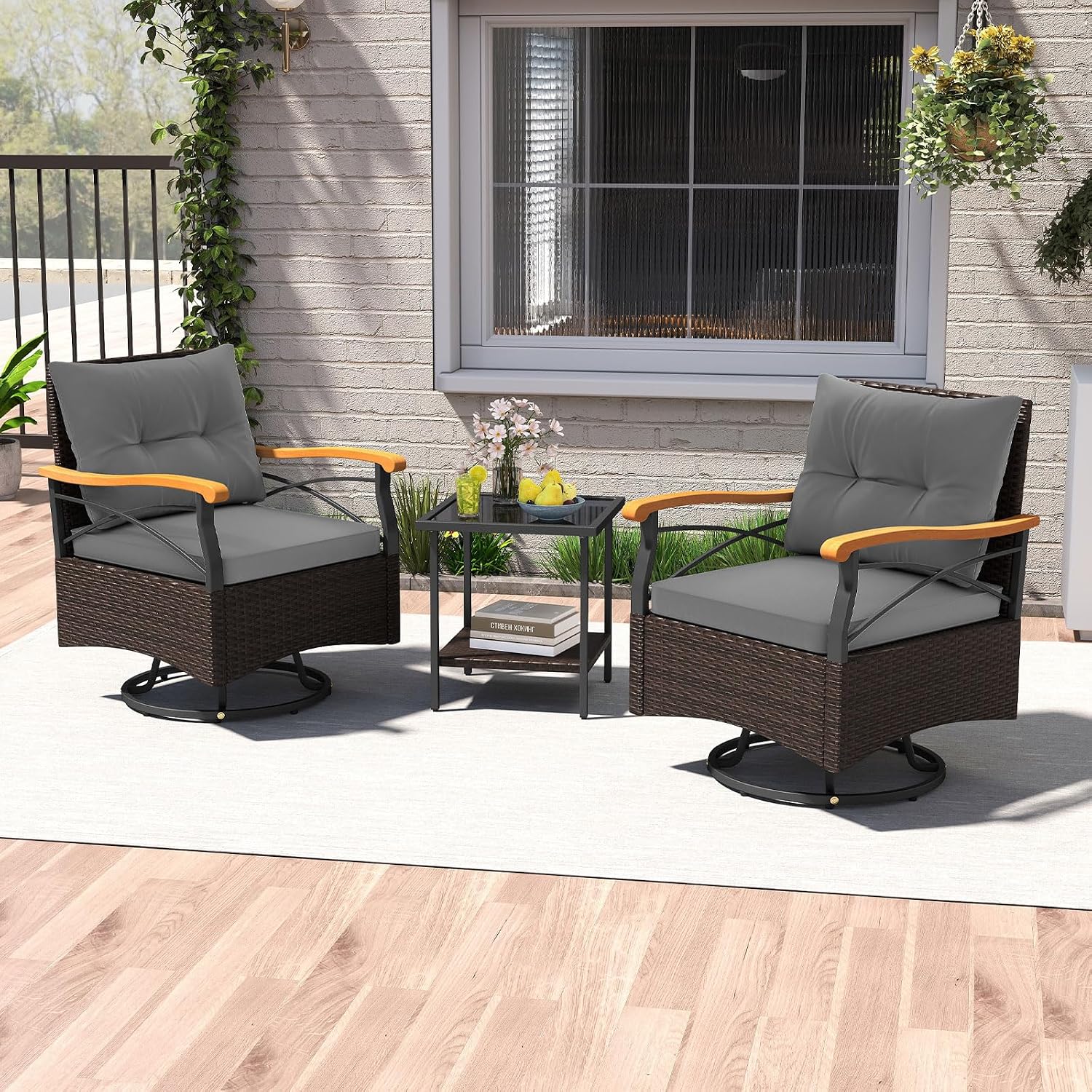 Tangkula 3 Piece Outdoor Swivel Chair Set, Patio Wicker Rotating Cushioned Chairs with 2-Tier Tempered Glass Side Table, for Porch, Yard, Balcony, Garden