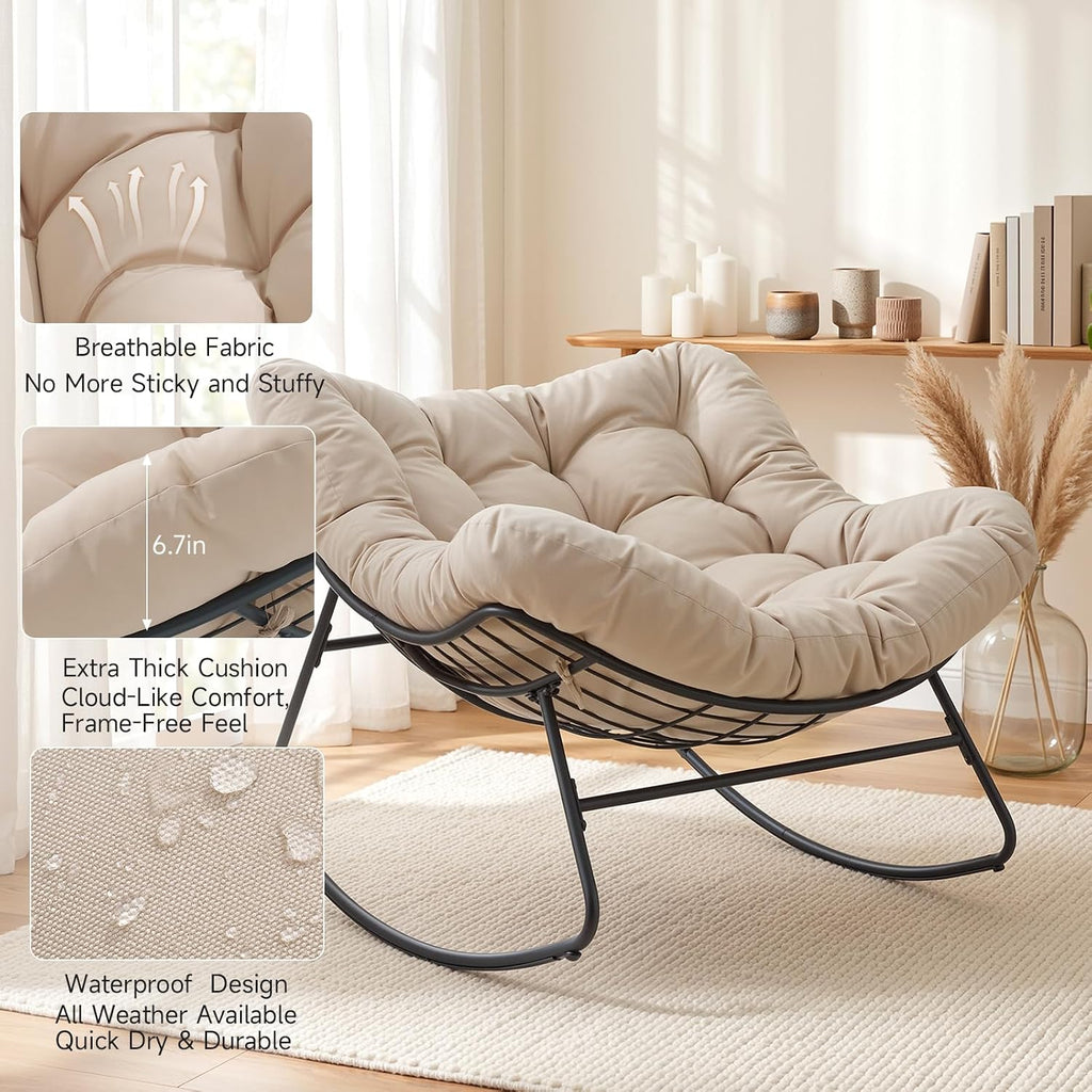 ONBRILL Outdoor Papasan Rocking Chair, 450 lbs Oversized Comfy Patio Chair with Thickened Cushion, Indoor Egg Rocking Lounge Chairs, Rocker Chairs for Patio Porch Garden Living Room Bedroom, Beige