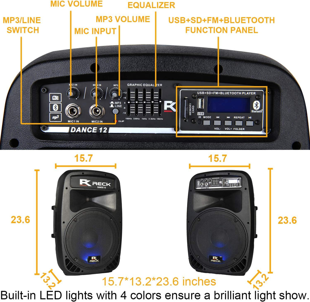 RECK DC 12 Portable 12-Inch 1000 Watts 2-Way Powered Dj/PA Speaker System Combo Set with Bluetooth/USB/SD Card Reader/FM Radio/Remote Control/Speaker Stands/Wired mic