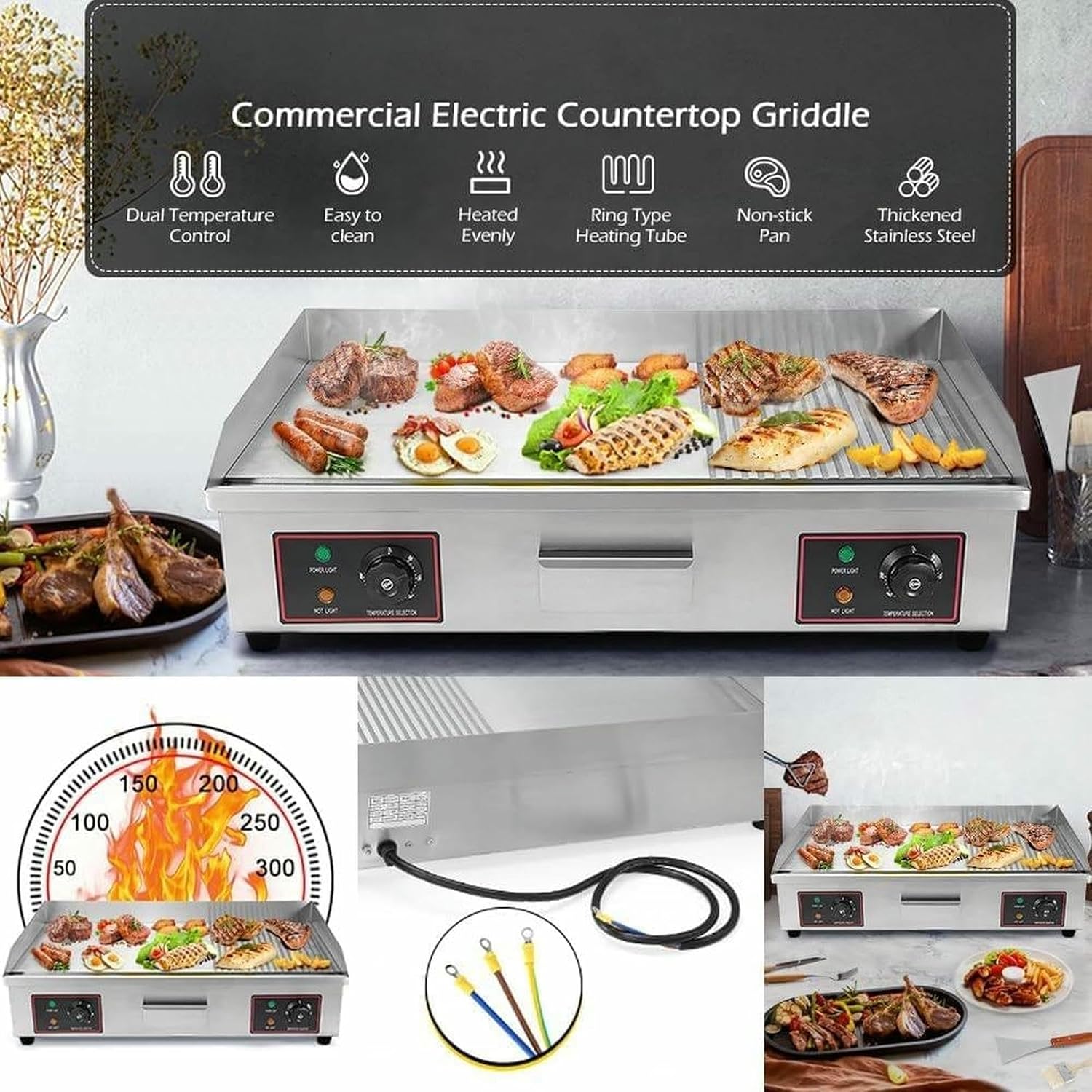 4400W Commercial Electric Griddle Hot Cooking Plate, Commercial Stainless Steel Adjustable Countertop Hot Plate BBQ Grill