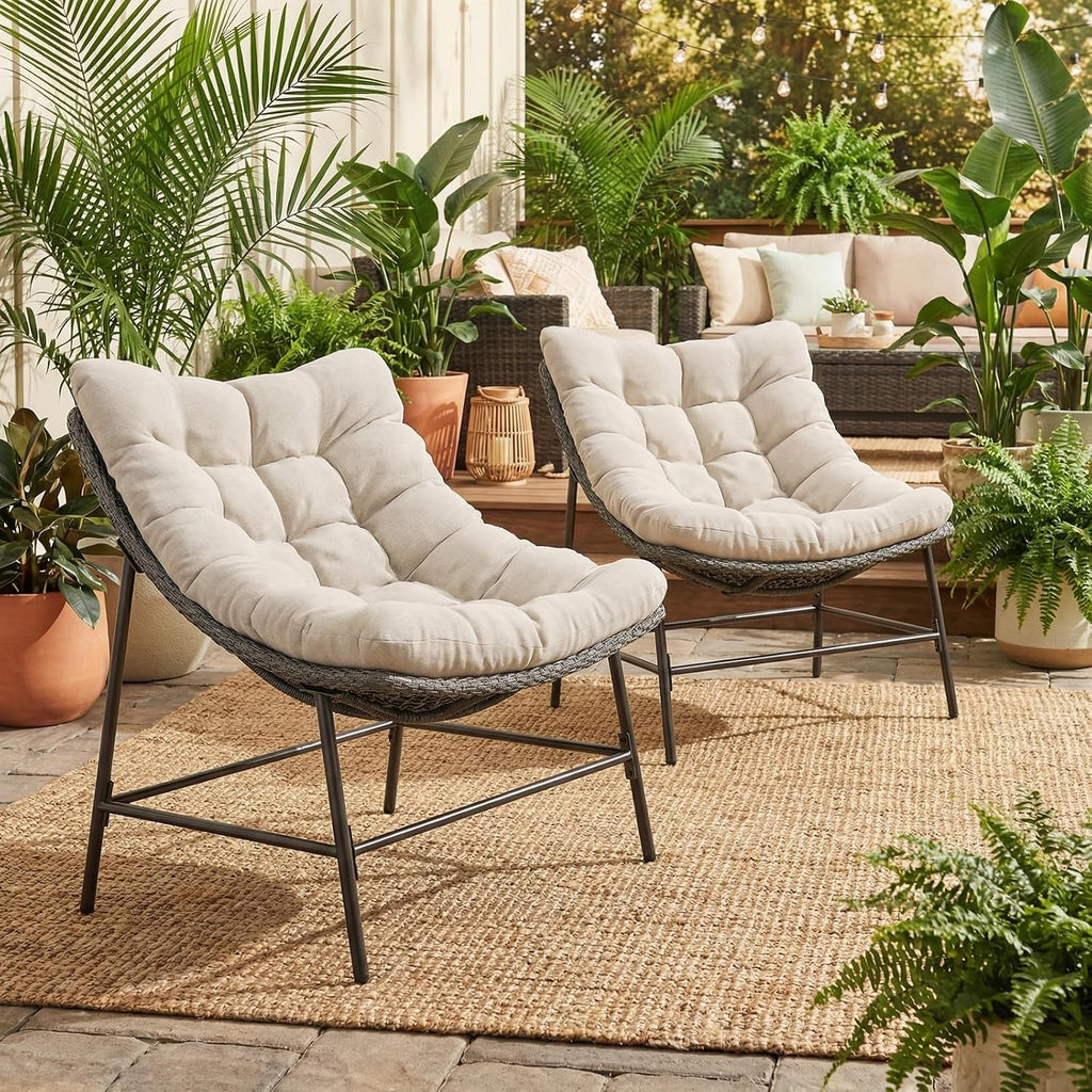 PHI VILLA Outdoor Papasan Chairs Set of 2, Oversized Scoop Wicker Chairs with Cushions & Steel Frame, Double Comfy Conversation Reading Furniture for Apartment Patio, Porch, Deck, Balcony