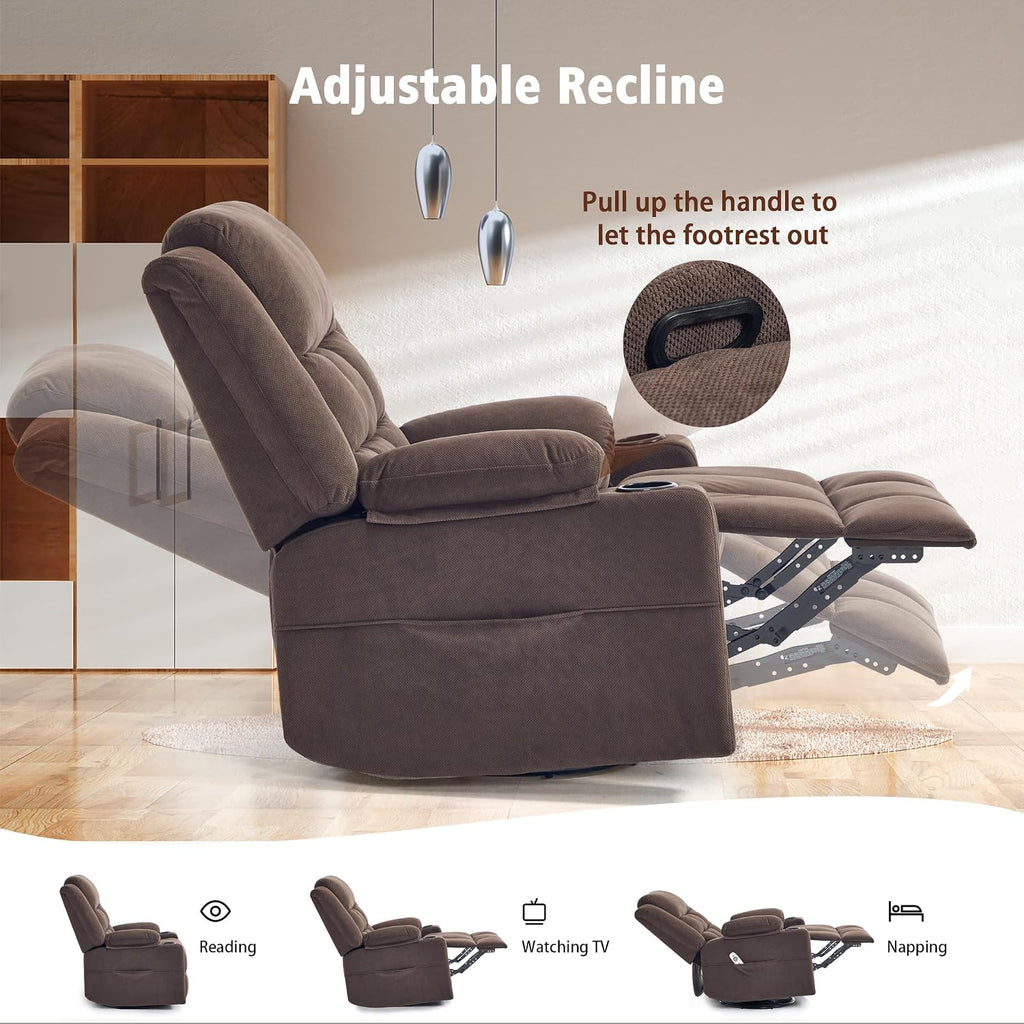 Ketaiyou Swivel Rocker Recliner Chair for Adults with Massage and Heat, Cup Holders and Side Pockets, Glider Rocking Reclining Single Sofa Chair for Living Room (Cocoa)