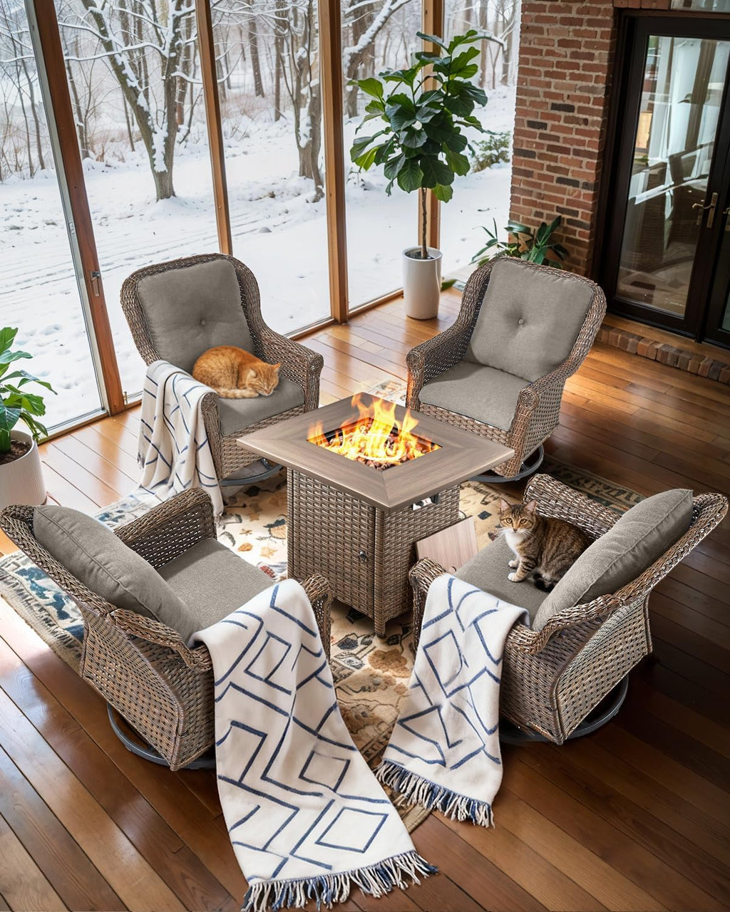 Outdoor Patio Swivel Gliders with Fire Pit Table 5 Piece Set - High Back Brown Wicker Rattan Rocking Chair with Thick Cushion for Porch Apartment Deck Yard Poolside Garden - Grey