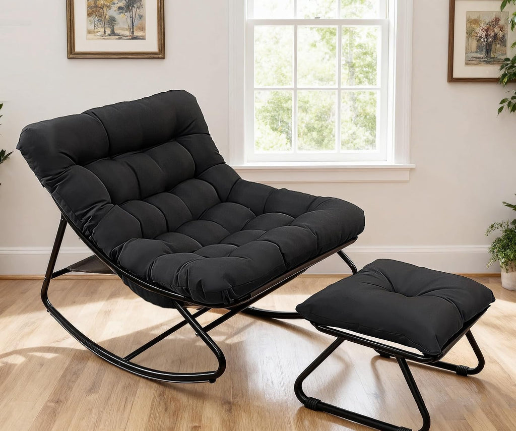 Outdoor Papasan Rocking Chair with Cushion, Oversized Rocking Chair with Ottoman, Modern Cozy Lounge Rocker Chair, Comfy Egg Chairs for Indoor Balcony Porch Patio, Black