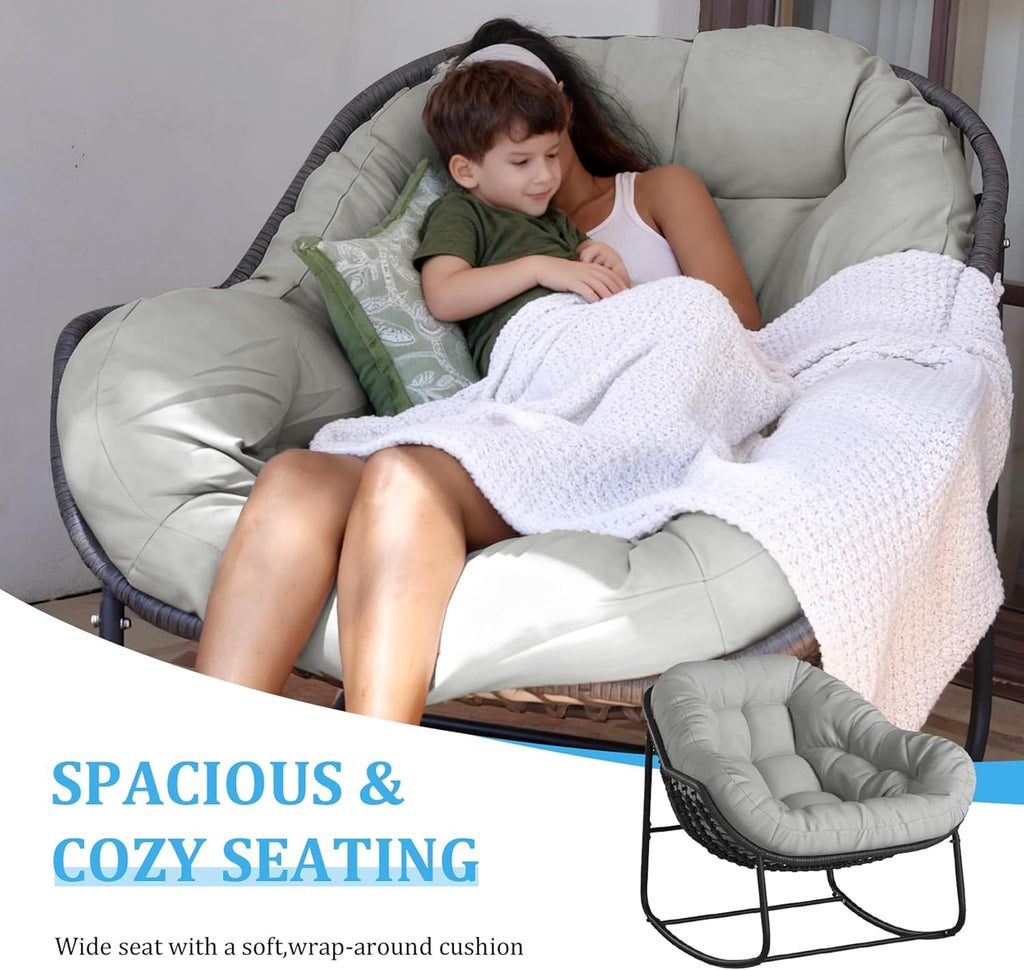 Rocking Chair Outdoor, Oversized Papasan Rocking Chair Indoor with 6' Thick Padded Cushion, Comfy Rattan Rocker Egg Chair for Patio, Backyard, Garden, Balcony, Lawn, Up To 450lbs, Light Gray