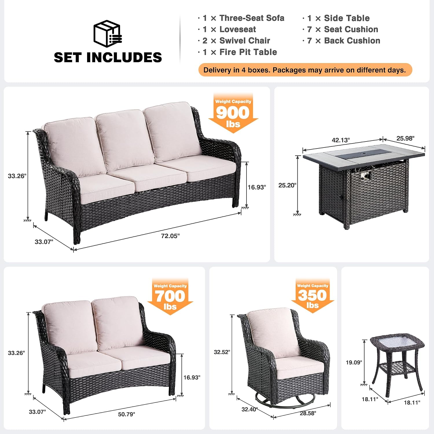 ovios 6 Pieces Patio Furniture Set with 42 inch Fire Pit Table, Outdoor Wicker Sofa Couch Loveseat, Swivel Rocking Glider Chairs, Modern Conversation Set, Brown Rattan, Beige