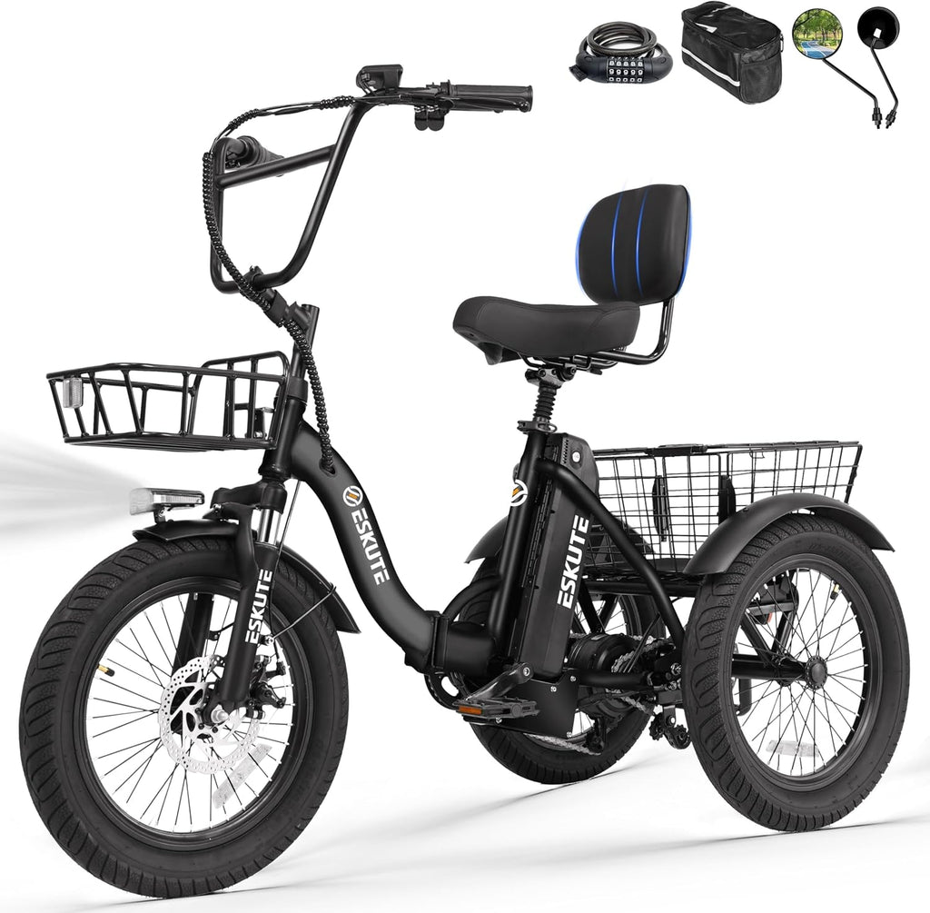 ESKUTE E Trike Electric Bike, Peak 1200W Brushless Motor Folding Trike 18X3.0 Fat Tire Ebike, 624Wh Removable Battery, Step-Thru 3 Wheel Electric Bicycle, Up to 55 Miles, 18MPH+ Tricycle for Adults