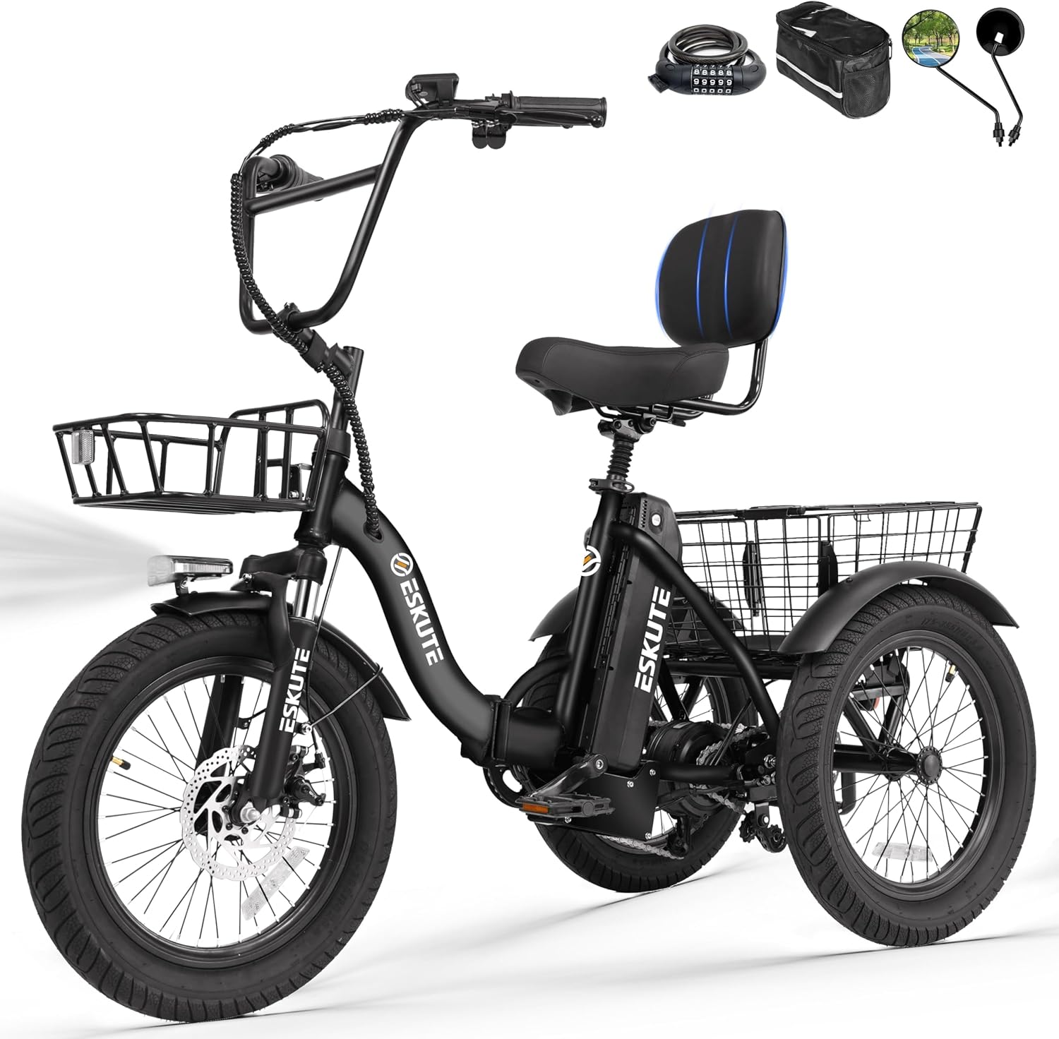 ESKUTE E Trike Electric Bike, Peak 1200W Brushless Motor Folding Trike 18X3.0 Fat Tire Ebike, 624Wh Removable Battery, Step-Thru 3 Wheel Electric Bicycle, Up to 55 Miles, 18MPH+ Tricycle for Adults