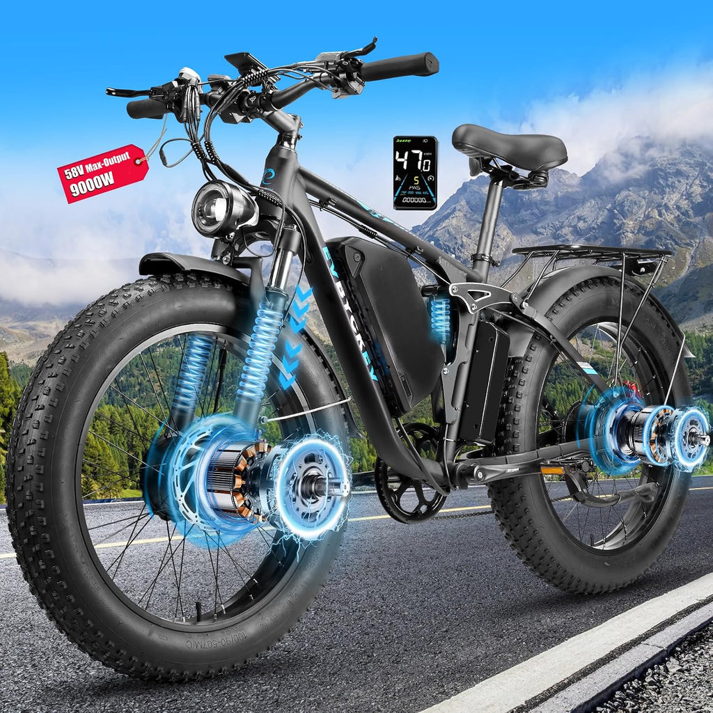 9000W Peak Electric Bike for Adults,58V Max-Output 1972Wh Dual Motor Ebike,47MPH 105Miles Range,24' x4.0 Fat Tire Hydraulic Disc Brake Full Suspension E-Bike for Mountain Snow Commuter