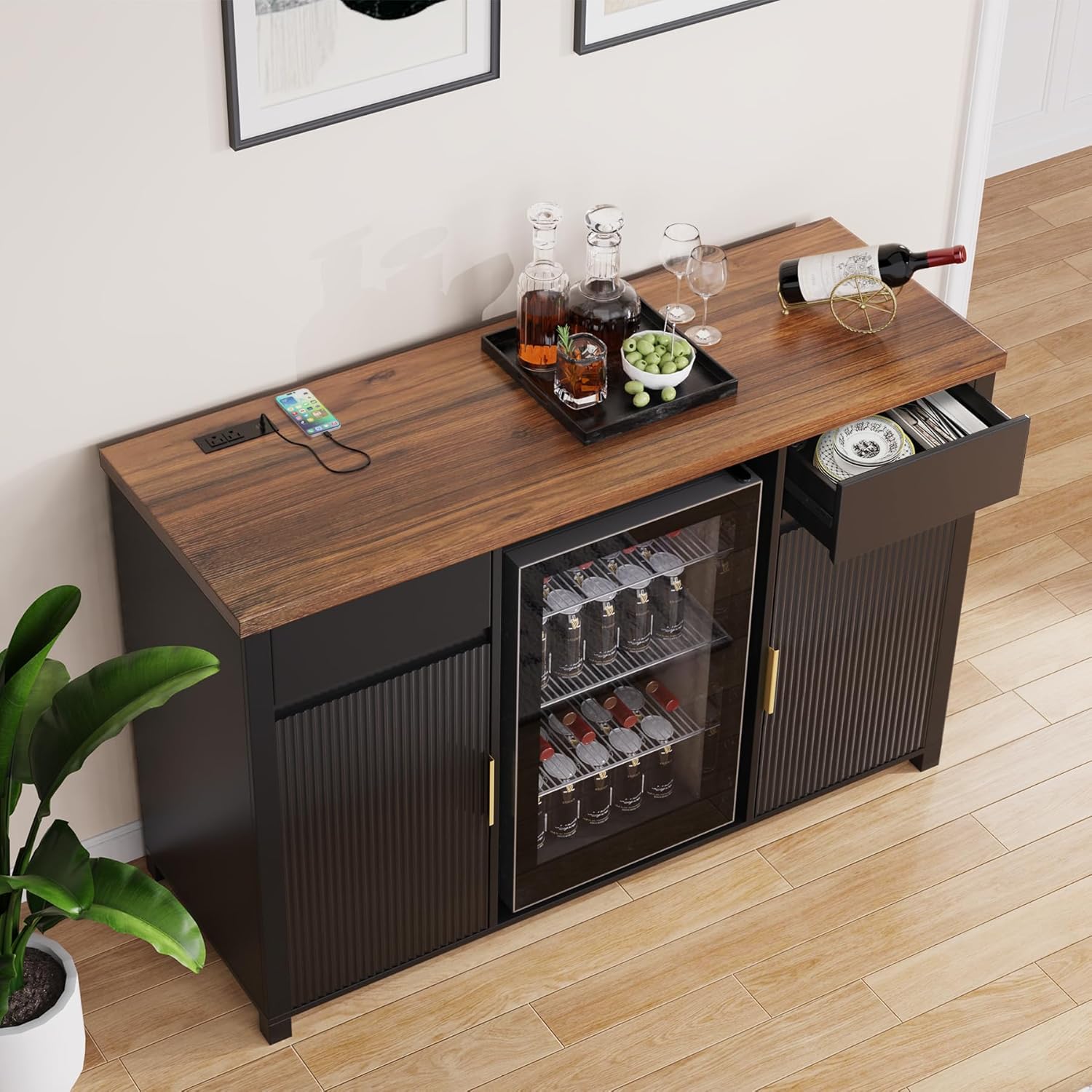 GDLF Large Coffee Bar Cabinet with Fridge Space, Mini Fridge Cabinet with Wine Storage, Buffet Sideboard Table for Home, Fluted Modern Design,53.2' L