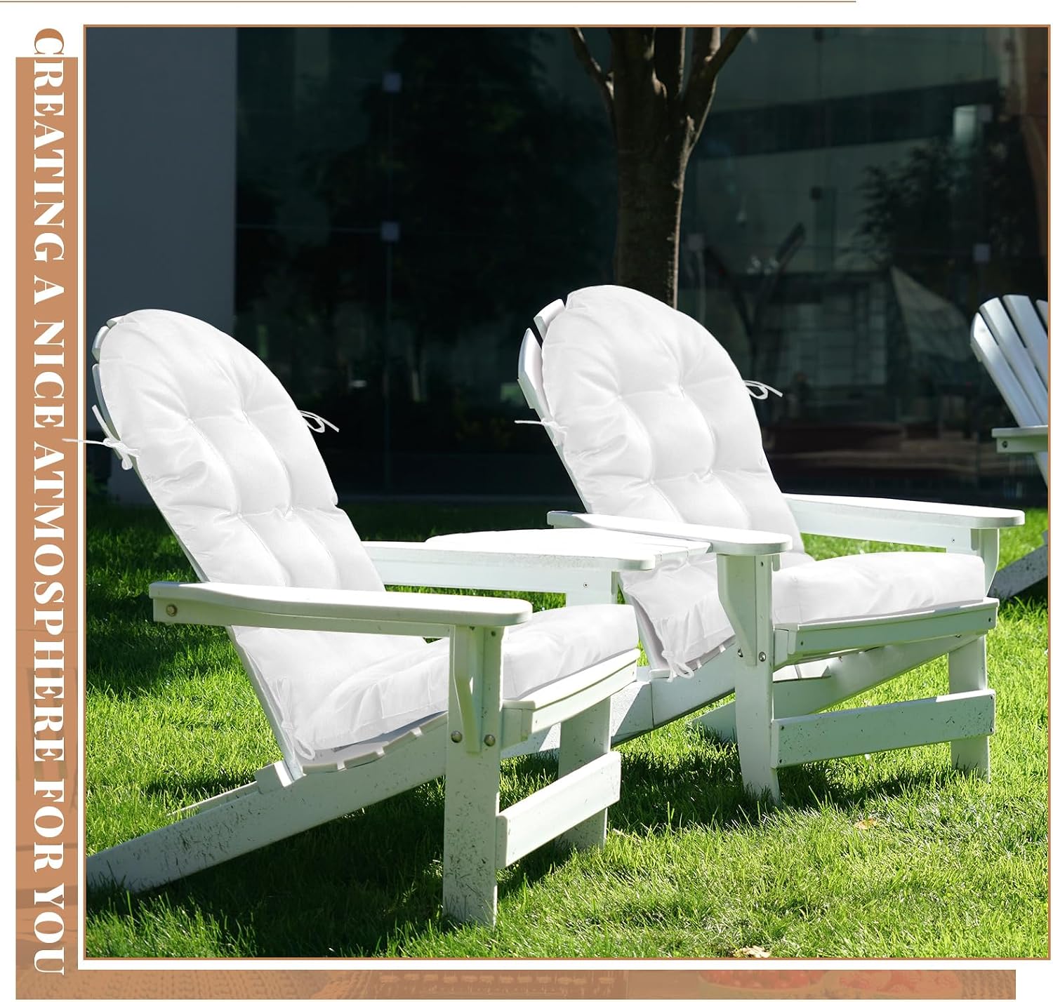 Geelin 6 Pcs Outdoor Patio Chair Cushion Thick High Back Adirondack Chair Cushion Tufted Weather & Fade Resistant Anti-Slip Outside Rocking Chairs Pads with Ties, 44 x 19 x 4 Inch (White)