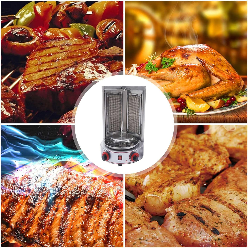 Gas Vertical Broiler BBQ Grill,Commercial Electric Grill Automatic Rotating Machine,Gyros Rotisserie Grill 3000W 110V w/2 Burners Doner Kebab Machine for party (2 Burners)