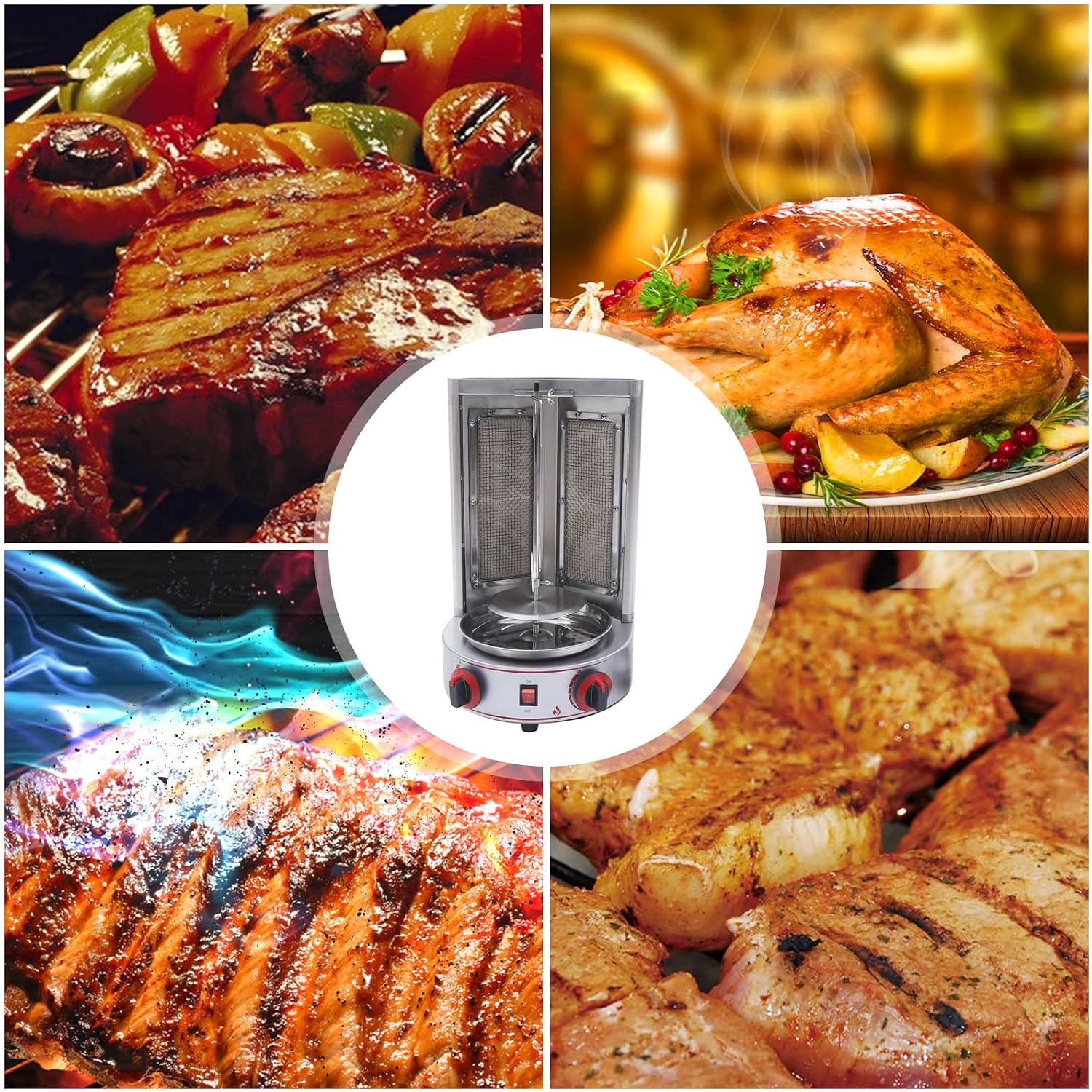 Gas Vertical Broiler BBQ Grill,Commercial Electric Grill Automatic Rotating Machine,Gyros Rotisserie Grill 3000W 110V w/2 Burners Doner Kebab Machine for party (2 Burners)