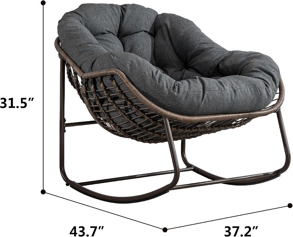 Ball & Cast Outdoor Patio Rocking Chair,Oversized Papasan Egg Chair with E-Coated,Padded Cushion,Recliner Chair for Indoor, Front Porch, Garden, Patio, Backyard,Grey