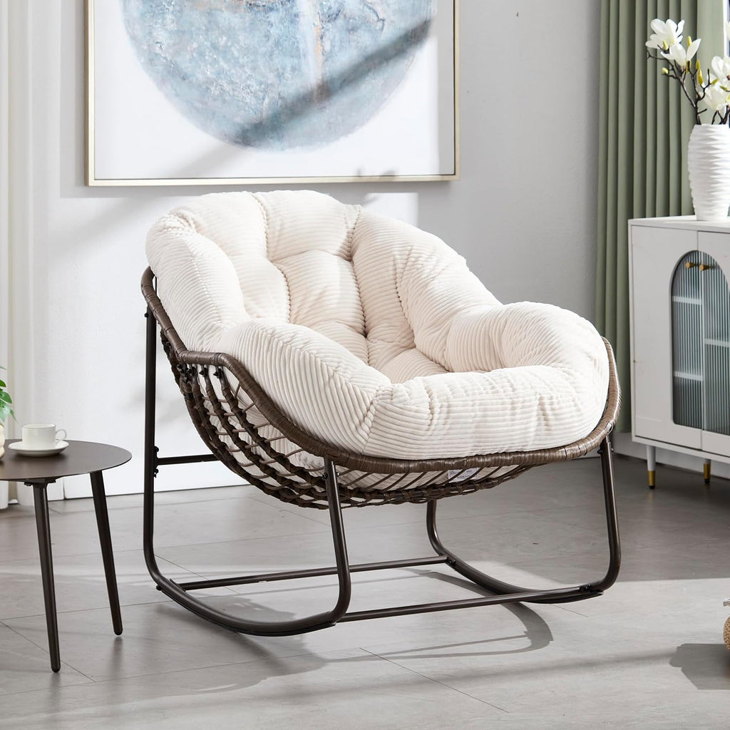 Ball & Cast Outdoor Patio Rocking Chair,Oversized Papasan Egg Chair with E-Coated,Padded Cushion,Recliner Chair for Indoor, Front Porch, Garden, Patio, Backyard,White