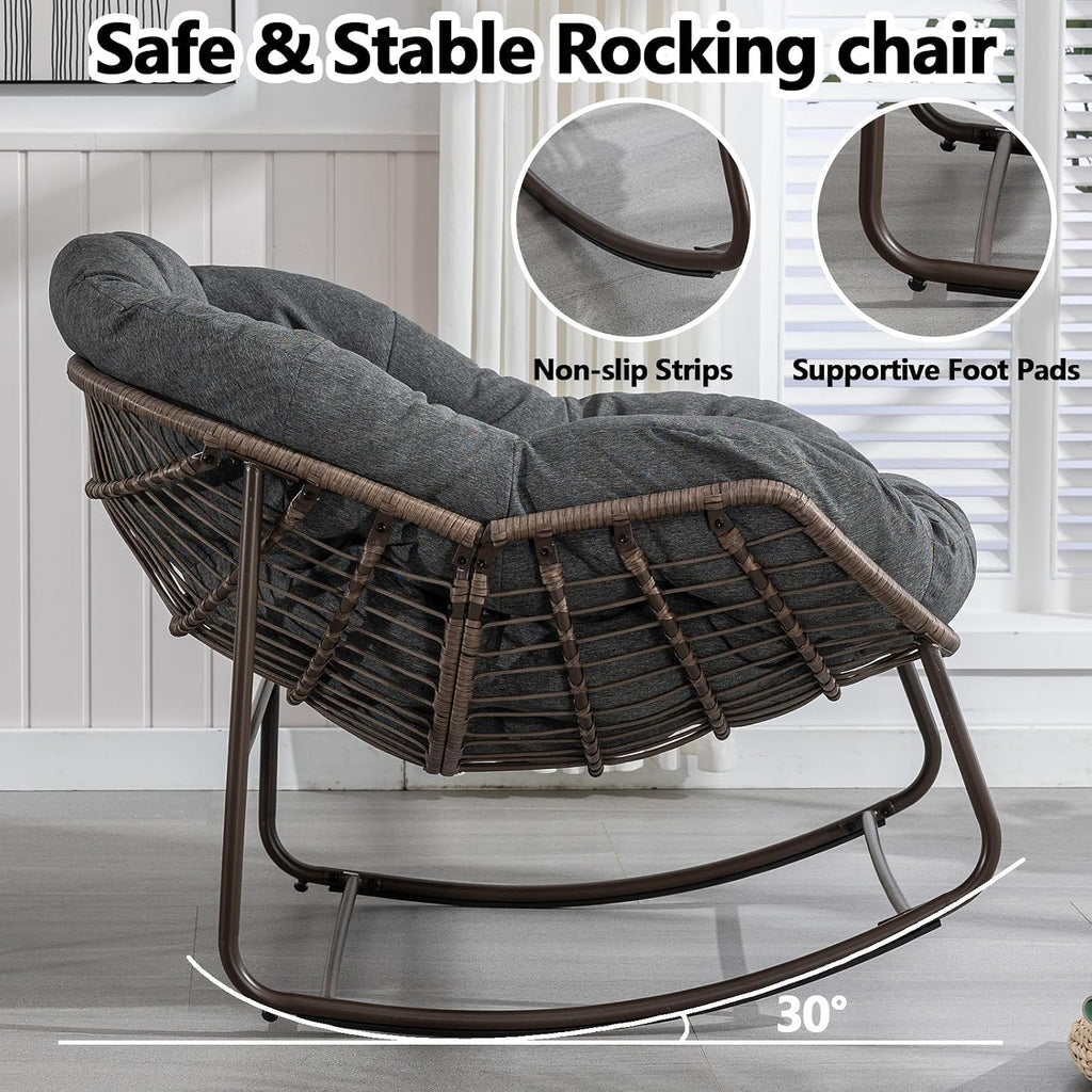 HRVEOCEI Papasan Rocking Chair with Cushion and Frame, Oversized Rocking Chair Indoor/Outdoor, Circle Chairs for Patio Garden Front Porch, Corduroy/Velvet (Grey)
