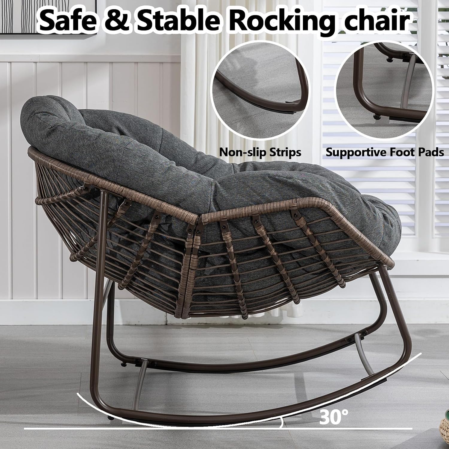 HRVEOCEI Papasan Rocking Chair with Cushion and Frame, Oversized Rocking Chair Indoor/Outdoor, Circle Chairs for Patio Garden Front Porch, Corduroy/Velvet (Grey)