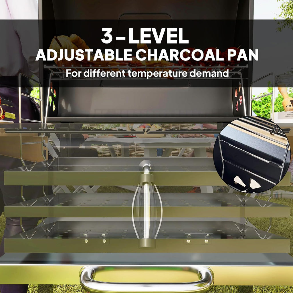 Portable Charcoal Grill with Adjustable Vents & Thermometer – 44' Heavy-Duty BBQ Grill with 3-Level Charcoal Pan, Wheels & Side Shelves – Backyard/Camping Grill (Black/Nature Wood)