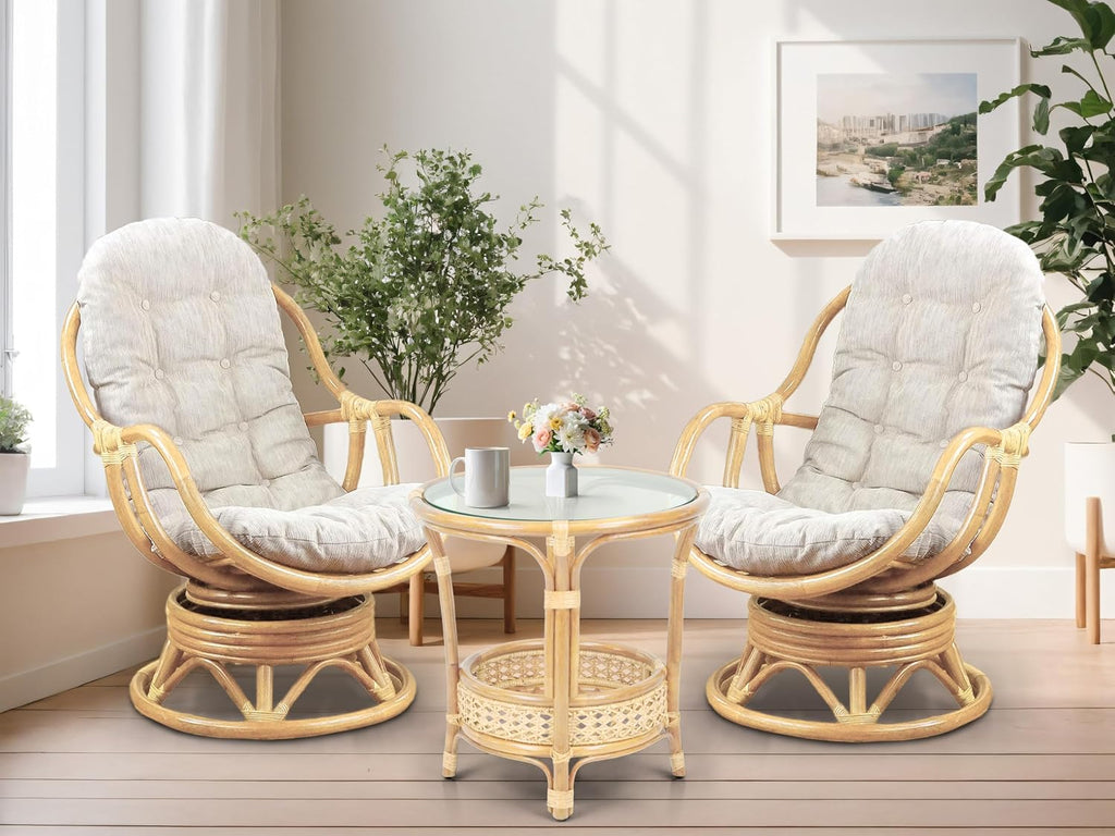 Bali Lounge Swivel Rocking Chair with Cream Cushion Natural Rattan Wicker Handmade, Natural Color