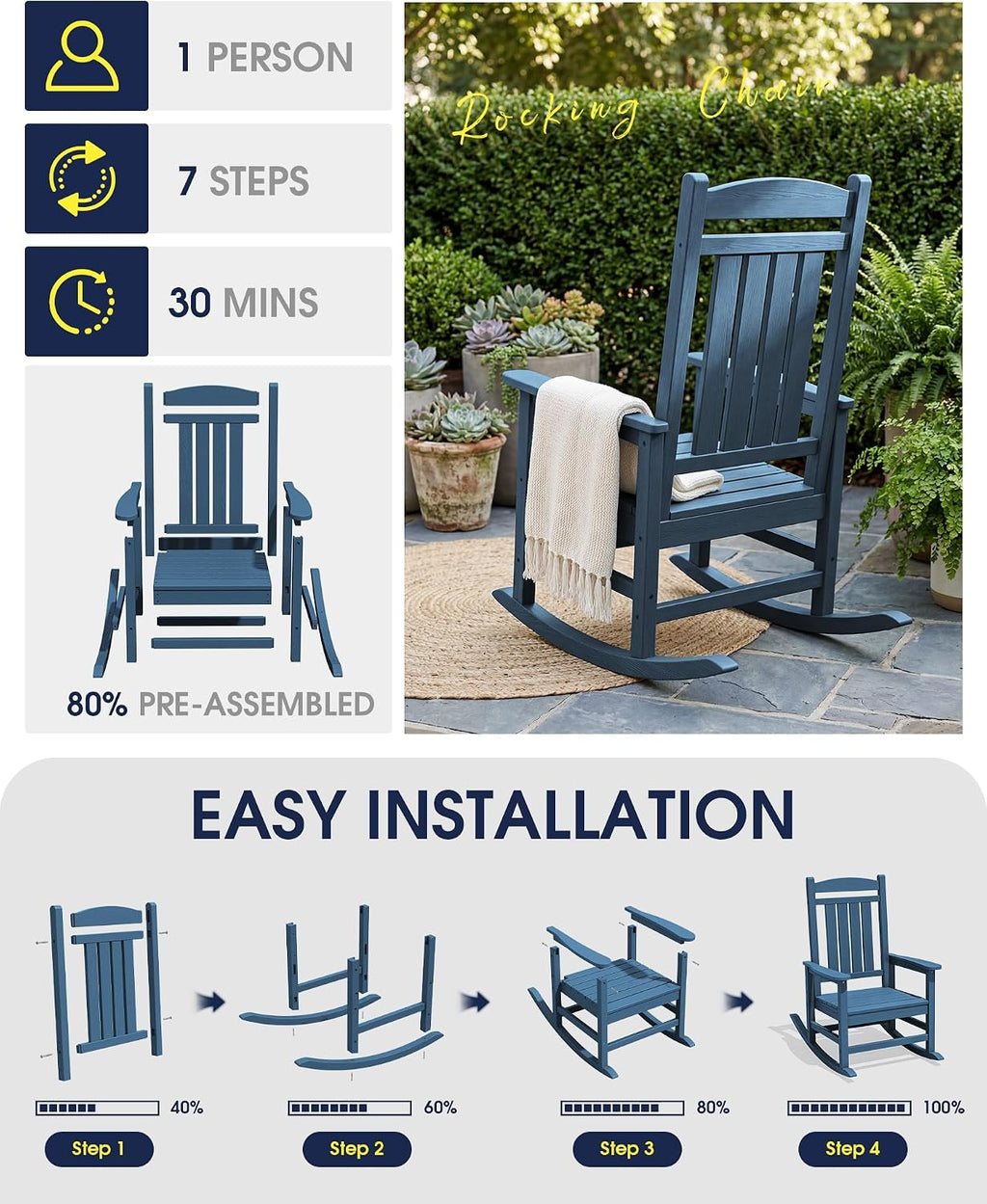 KINGYES Oversized Outdoor Rocking Chair with Cushion, All-Weather Patio Rocking Chairs, HDPE Porch Rocker for Adults, 350 lbs Capacity, Blue Chair with Beige Cushion