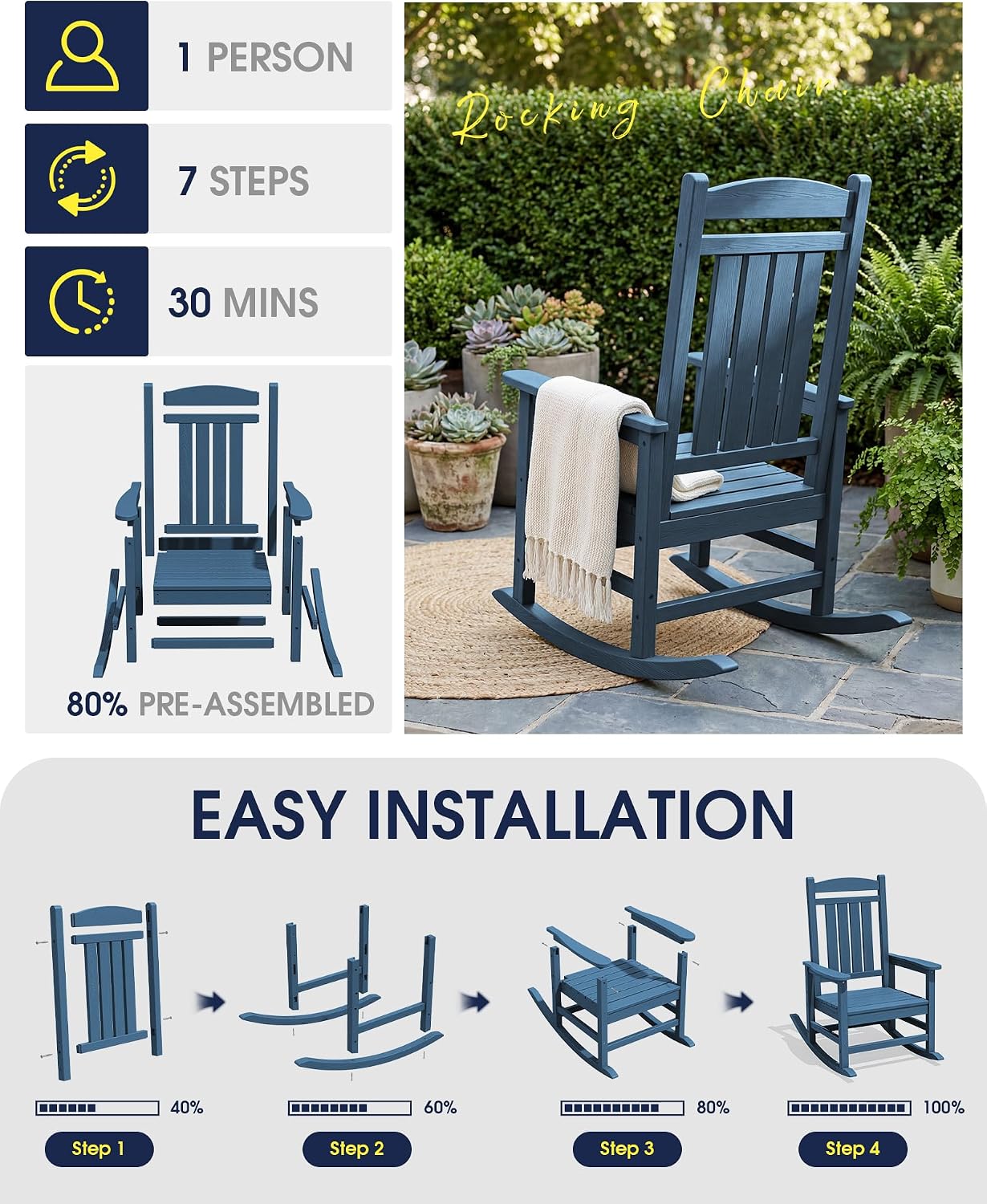 KINGYES Oversized Outdoor Rocking Chair with Cushion, All-Weather Patio Rocking Chairs, HDPE Porch Rocker for Adults, 350 lbs Capacity, Blue Chair with Beige Cushion