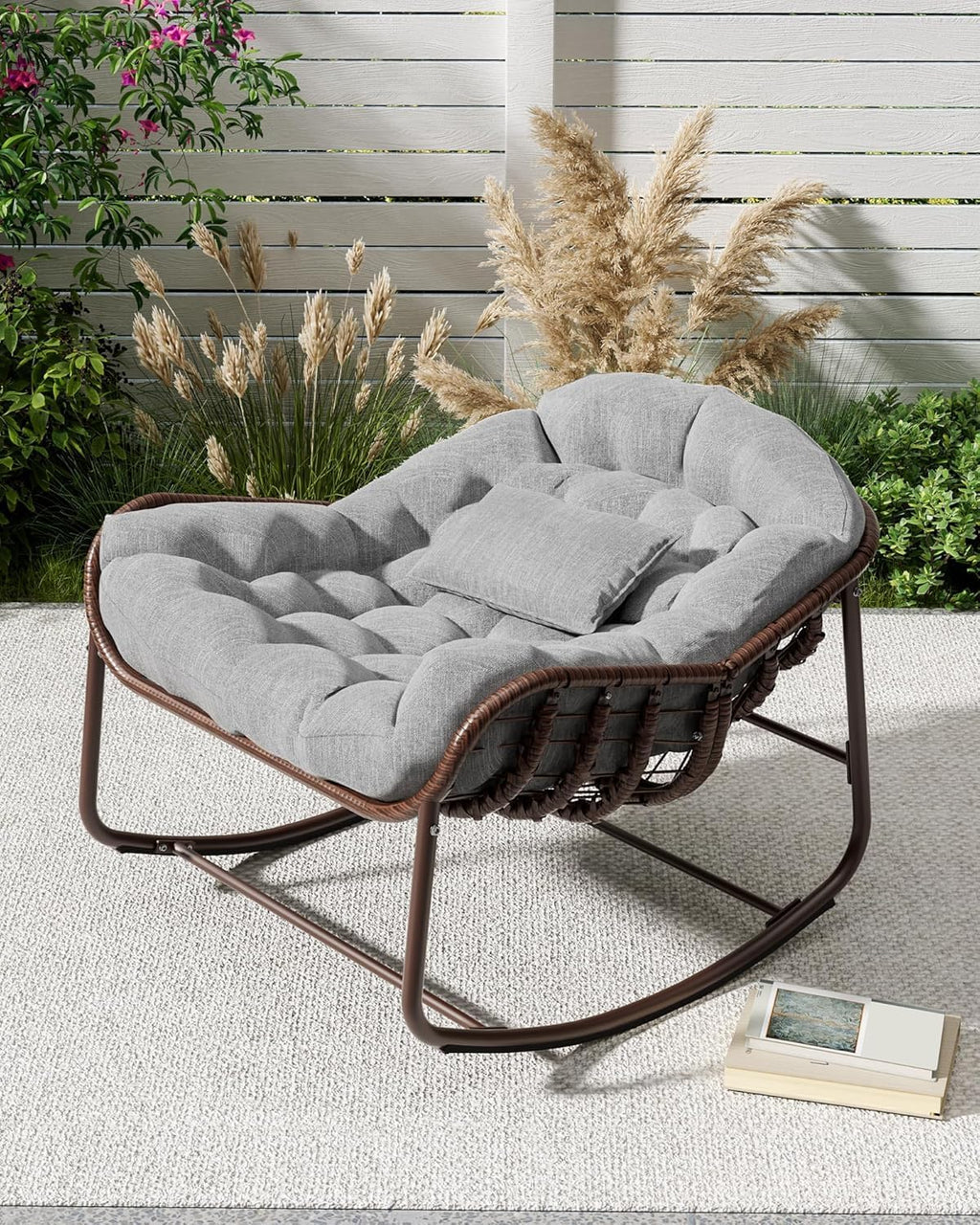 DEXSO Oversized Outdoor Papasan Rocking Chair - Metal Frame, Cushion & Wicker Rattan, for Balcony, Backyard, Porch, Bedroom (Grey)
