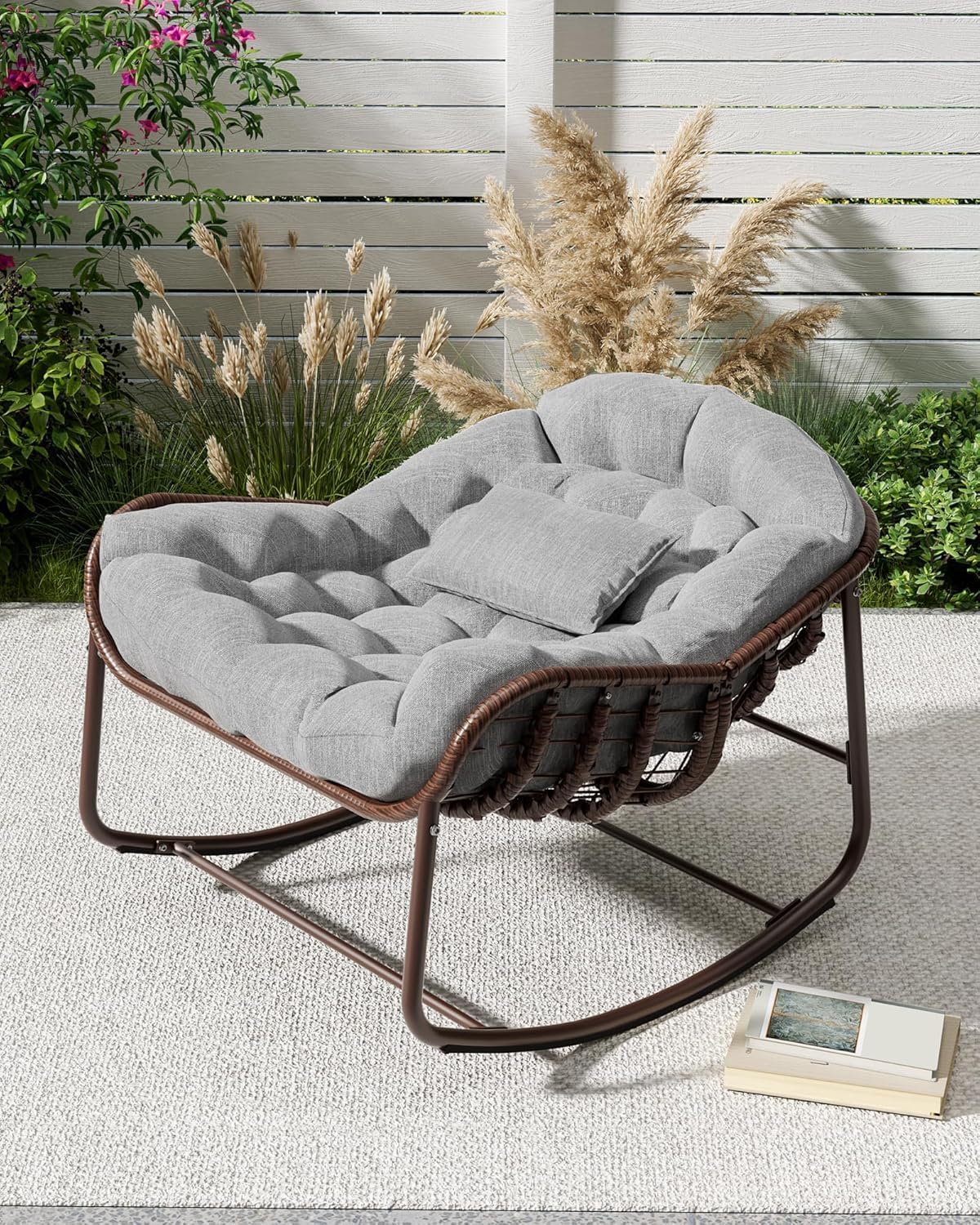 DEXSO Oversized Outdoor Papasan Rocking Chair - Metal Frame, Cushion & Wicker Rattan, for Balcony, Backyard, Porch, Bedroom (Grey)