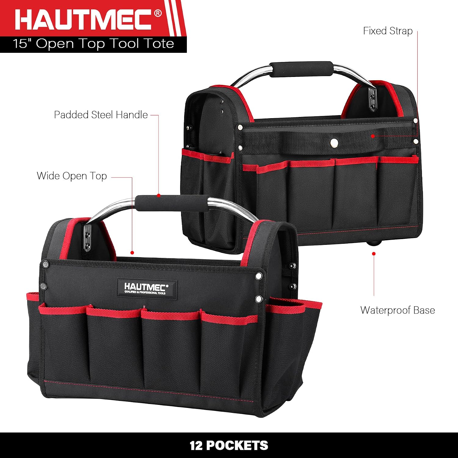 HAUTMEC 3-Piece Rolling Tool Bag Set, 18' Wheeled Tool Bag, 15' Open Top Tool Tote & 12' Wide Mouth Small Bag, Heavy-Duty 1680D Water-Resistant Tool Storage with Off-Road Wheel & Telescoping Handle