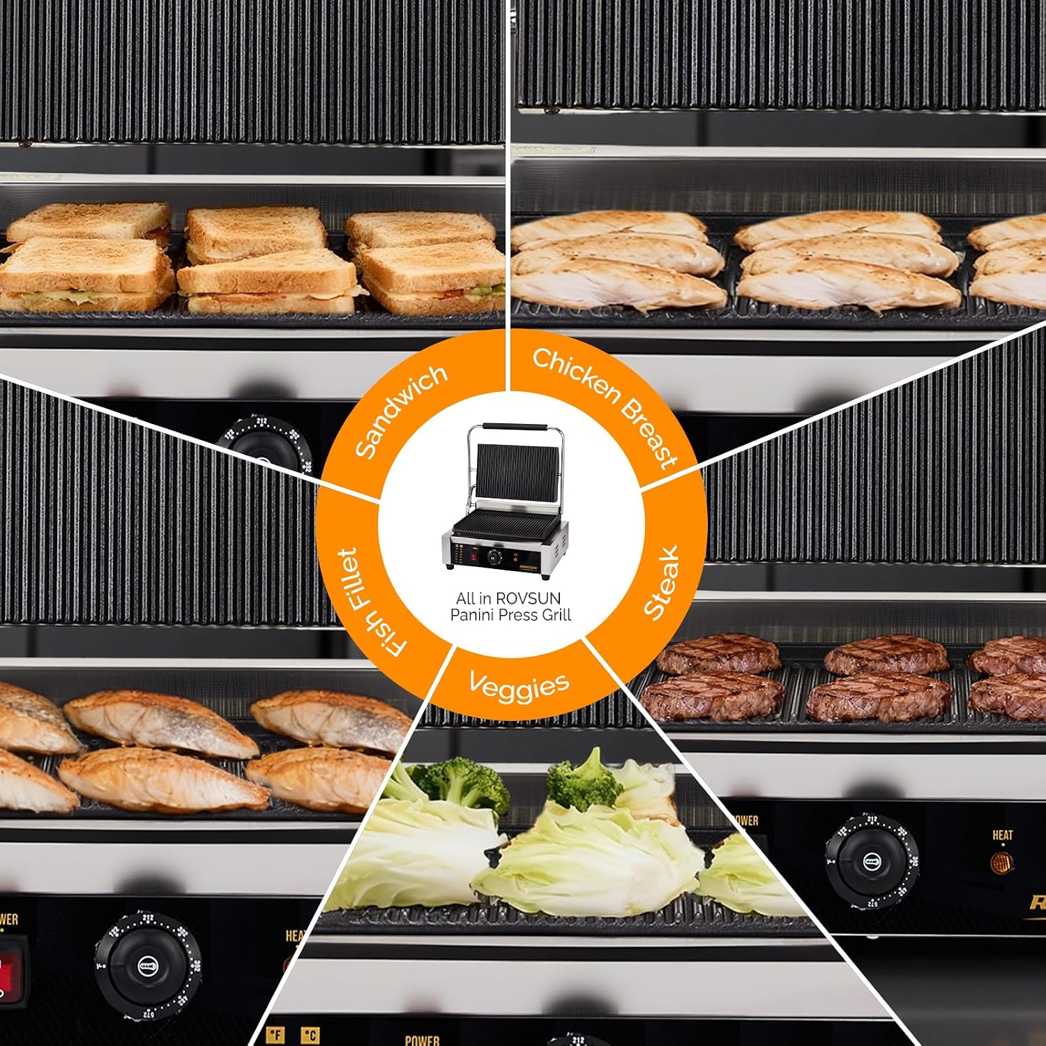 ROVSUN 811E Commercial Panini Press Grill, 2200W Stainless Steel Electric Countertop Sandwich Maker with Adjustable Temp 122°F–572°F, For Steak, Burgers, Home & Restaurant Use, 110V, Silver