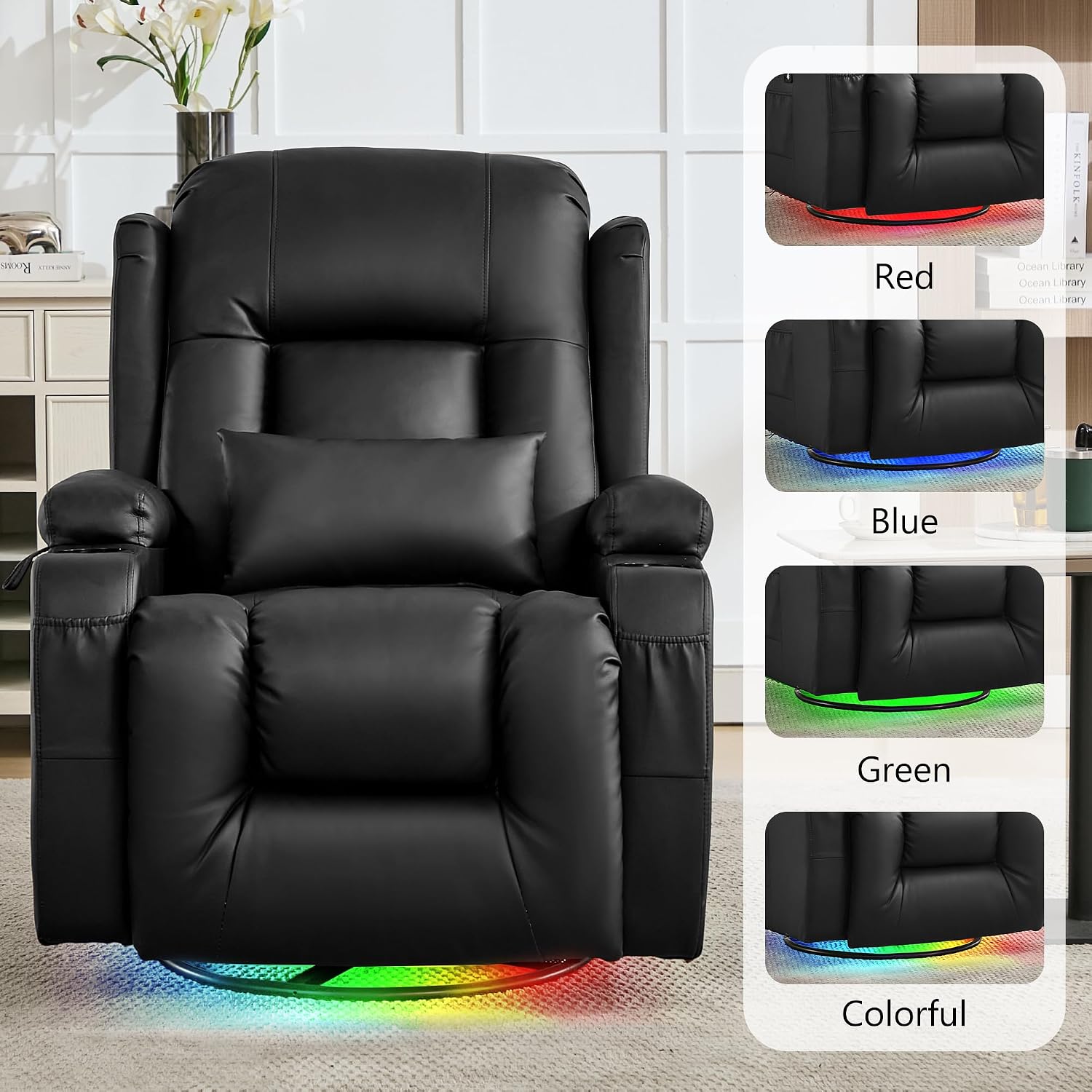 URRED Rocker Recliner Chair for Adults, 270° Swivel Glider Reclining Single Sofa with LED Ambient Light and Storage, Faux Leather Recliner for Living Room or Home Theater (Black, Set of 2)