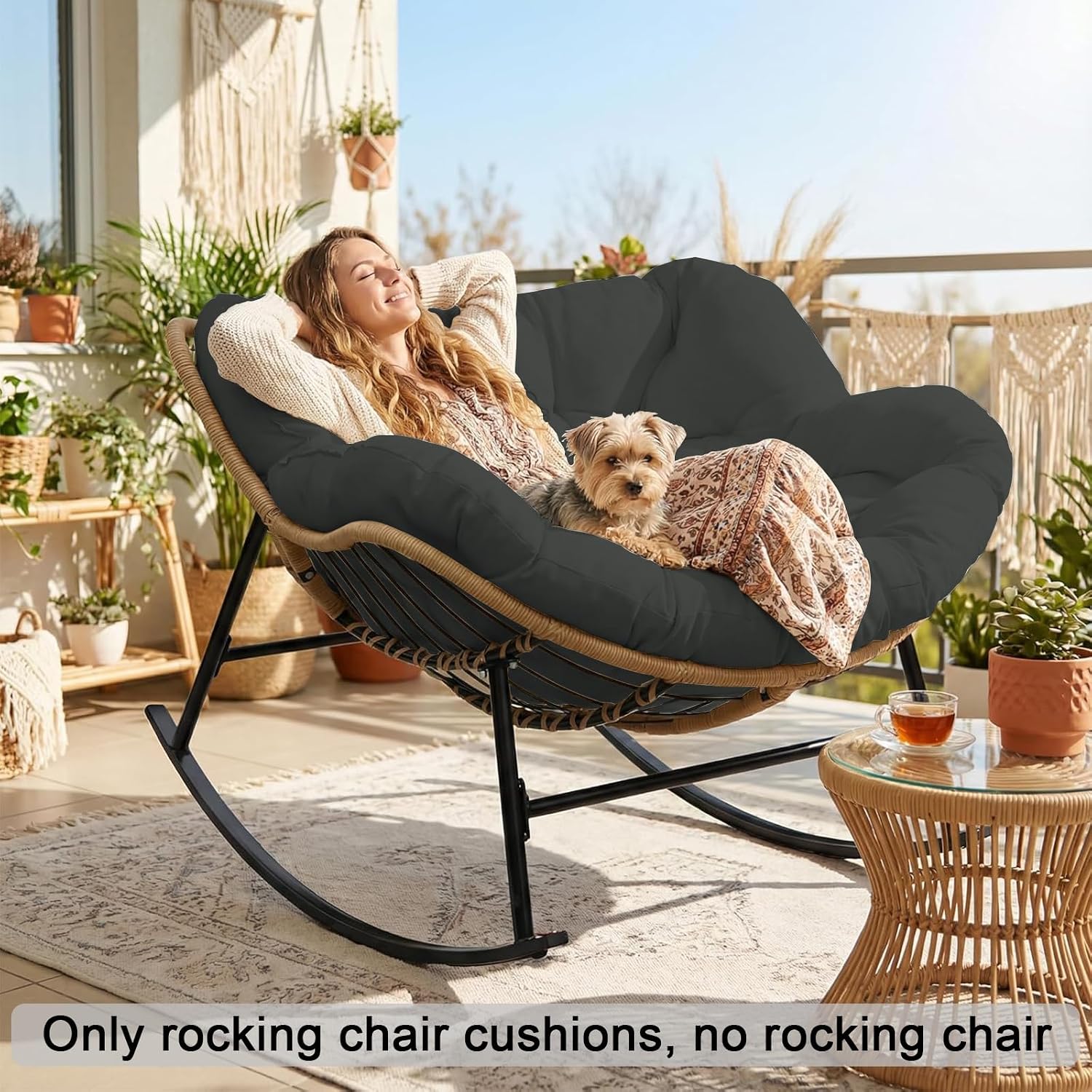 Thickened Waterproof Papasan Rocking Chair Cushion, 6.3'' Patio Egg Chair Pad with Ties, Outdoor/Indoor Rattan Hammock for Porch, Garden, Balcony(Only Cushion not Chairs) (Dark Grey)