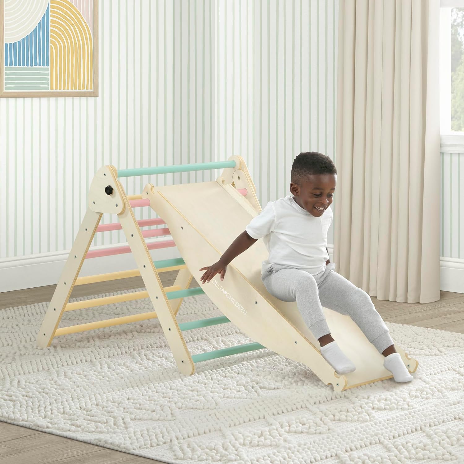 Delta Children Lil' Climber Gym - Indoor Climbing Gym/Jungle Gym for Kids - Montessori Toy with Reversible Arch/Rocking Chair, Reversible Rock Wall/Slide Ramp and Pikler Triangle - for Toddlers 3+