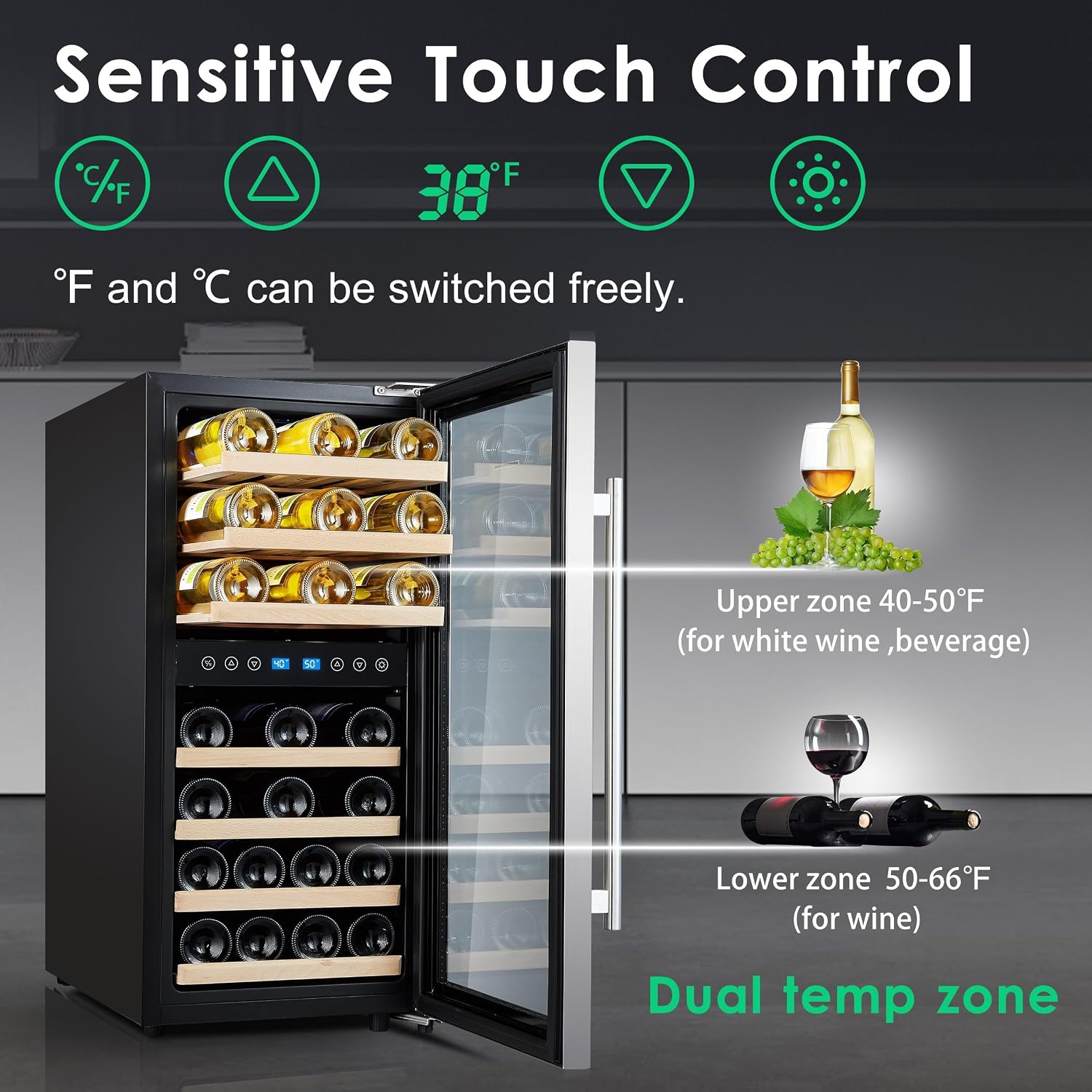 Wine Fridge 15/16 Inch 33 Bottle Dual Zone Wine Cooler, 40-66℉ Freestanding Glass Door Wine Refrigerator with 7 Wooden Shelves, Blue LED Light for Red/White