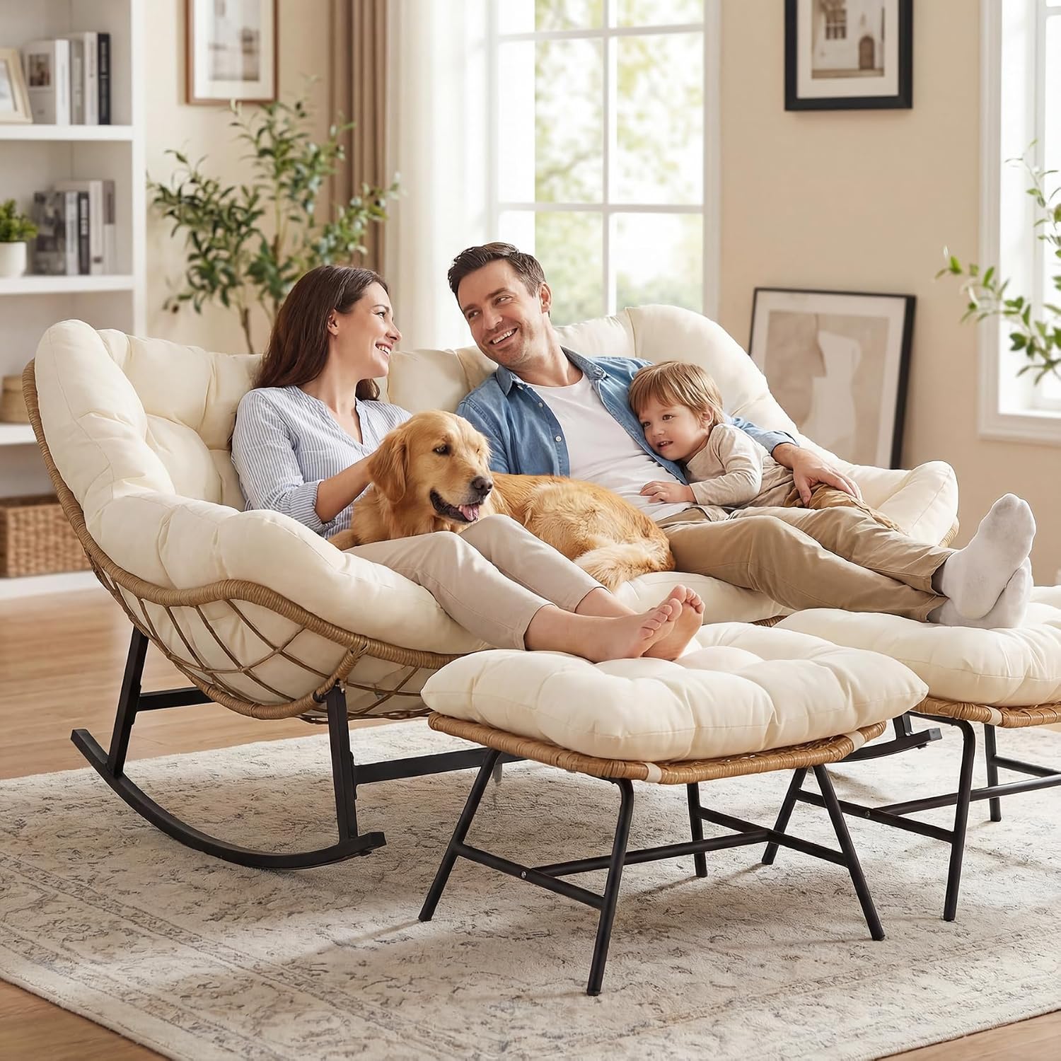 NICESOUL Oversized Double Rocking Papasan Chair with Ottoman and Cushion, Indoor Outdoor Padded Rocking Chair for 2 Person, 700 Lbs Comfy Rattan Egg Loveseat Royal Rocker for Lawn, Garden, Deck, Beige