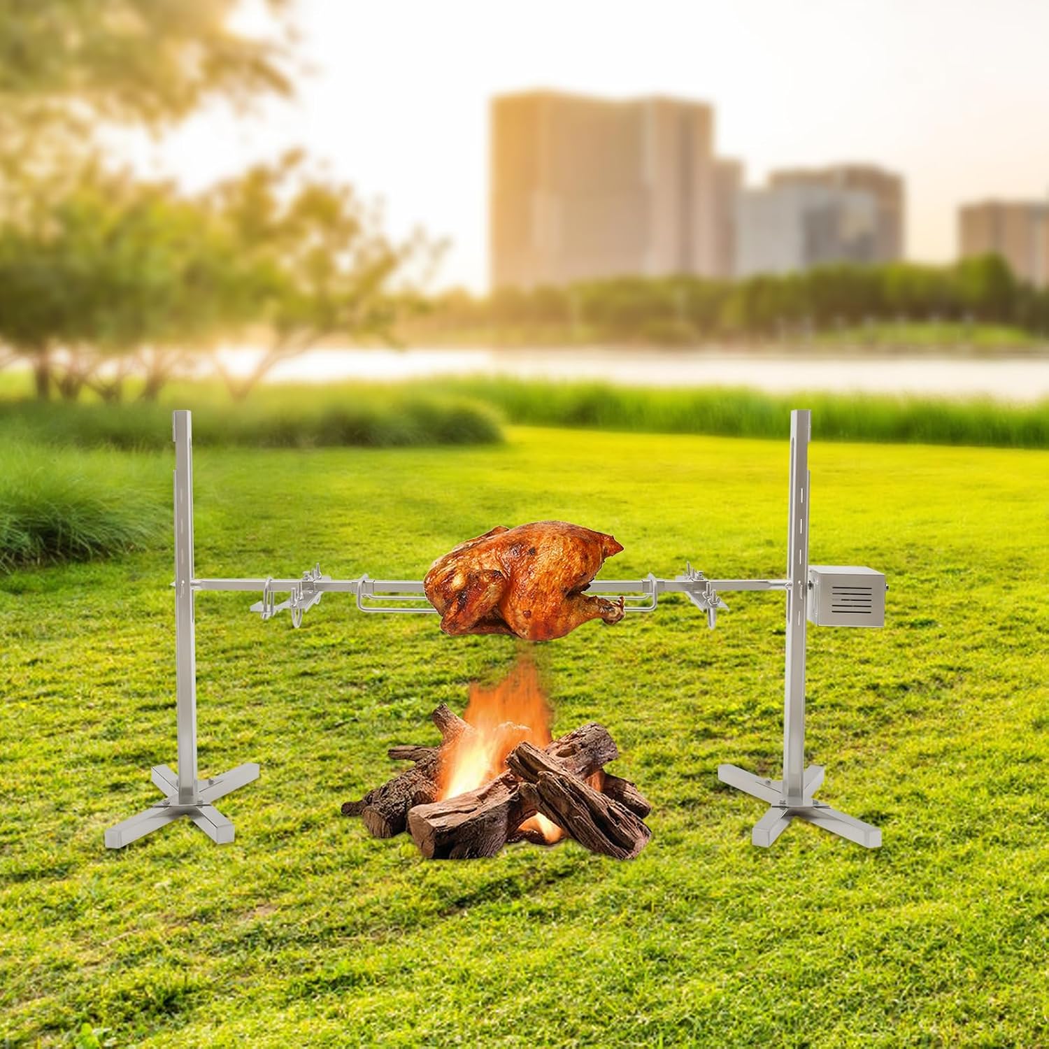 Barbeque Rack Portable BBQ Tool Kits, U-shaped Hook Adjustable Height & Rotation System for Outdoor Cooking Camping Hiking Picnics Backpacking or Any Outdoor Event