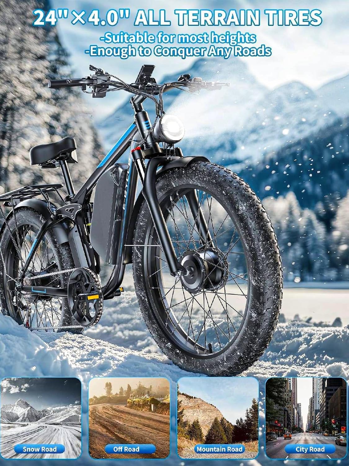 6000W Peak Electric Bike for Adults, 52V 32AH Dual Motor E-Bike, Up to 90Mile & 45 M P H All-Terrain Fat Tires Full Suspension 24/26 Inch Electric Bicycles Hydraulic Disc Brake for Road UL2849 by SGS