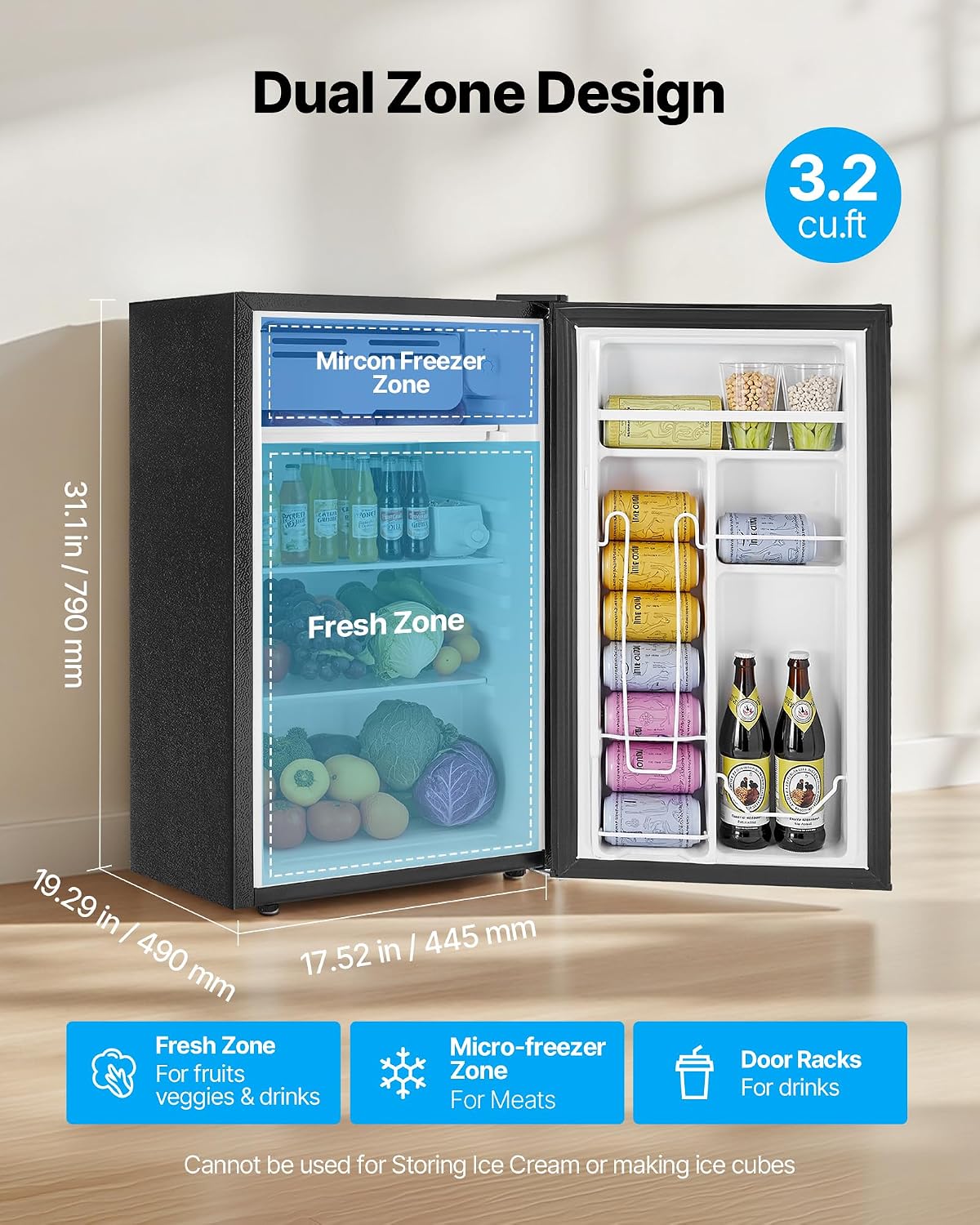 VEVOR 3.2 Cu.Ft Mini Fridge with Freezer, Single Door Compact Refrigerator with Micron Frozen Zone, 7-Mode Adjustable Temp, Energy Efficient Small Dorm Fridge, Reversible Door, Low Noise, Black