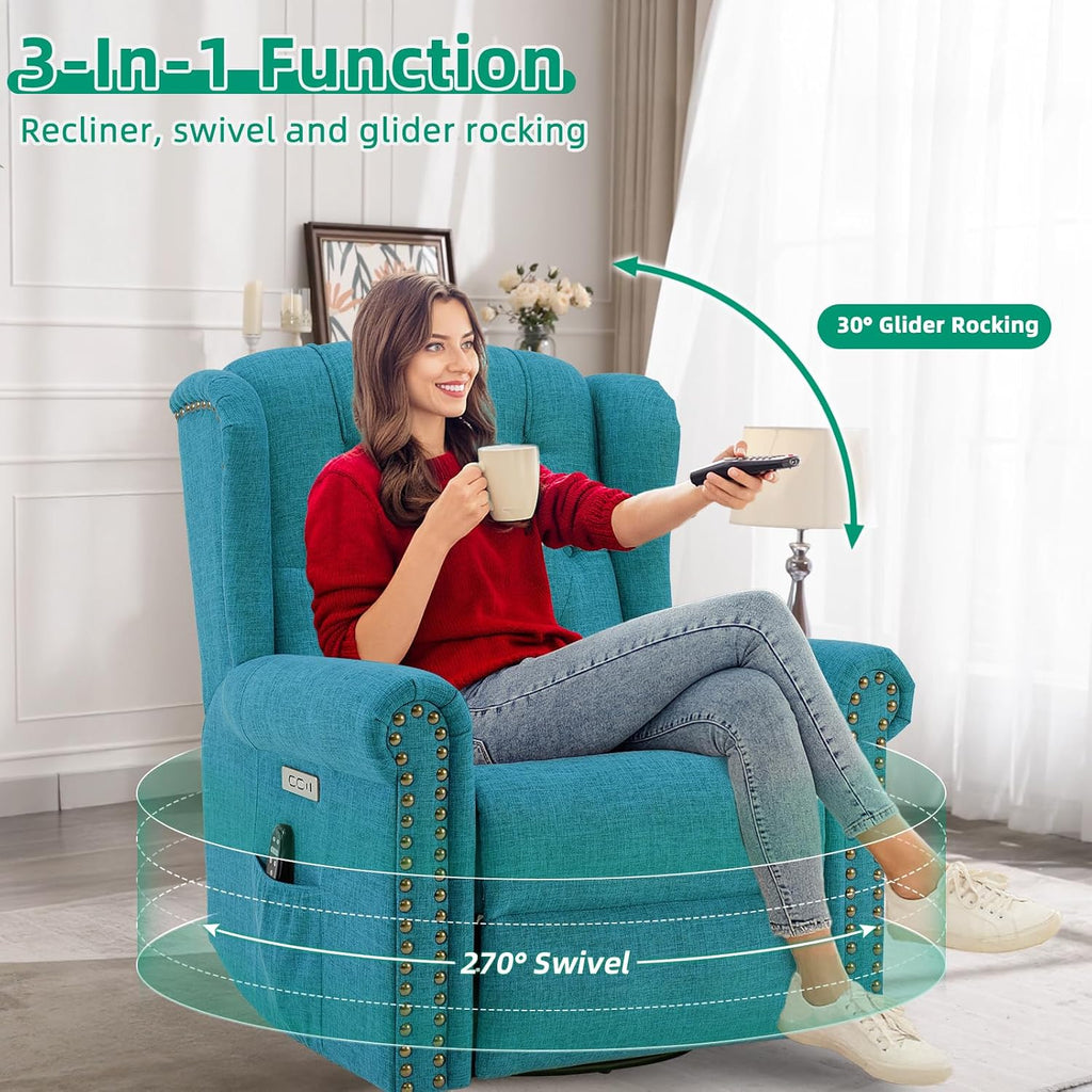 VIVIJASON Power Swivel Rocking Recliner Chair with Massage & Heat, Electric Rocker Glider Chair for Nursery, Wingback Tufted Upholstered Recliner W/Type-C & USB Ports for Living Room, Bedroom, Teal