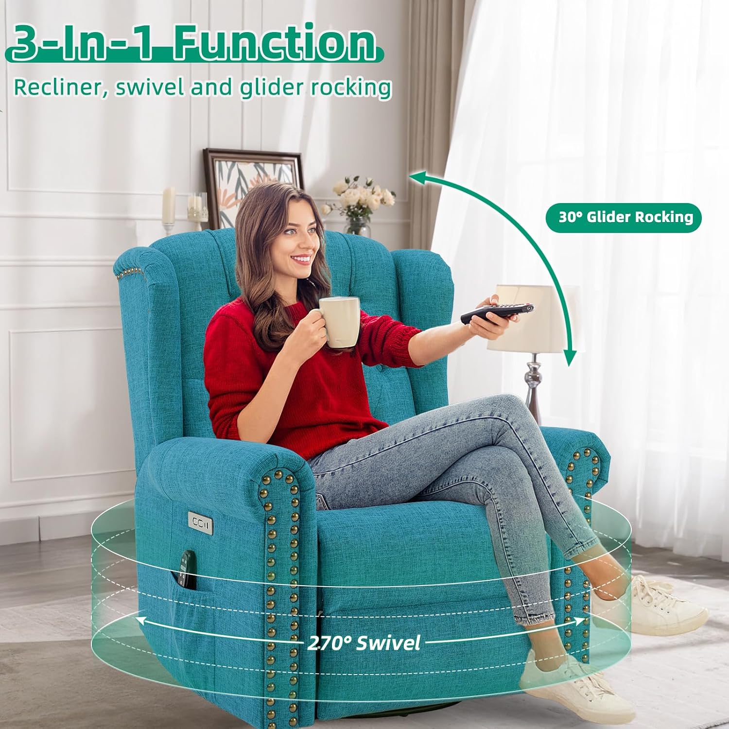 VIVIJASON Power Swivel Rocking Recliner Chair with Massage & Heat, Electric Rocker Glider Chair for Nursery, Wingback Tufted Upholstered Recliner W/Type-C & USB Ports for Living Room, Bedroom, Teal