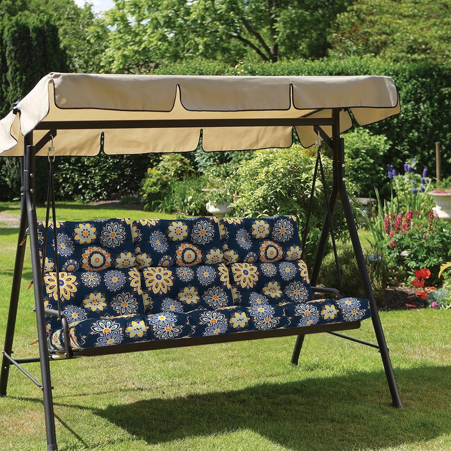 Outdoor High Back Patio Chair Cushions, Fade Resistant & Waterproof Tufted Seat and Back Cushions for Patio Furniture, Patio Chair Cushions 44x22 Inch, Set of 2, Bloom Medallion‌Cobalt