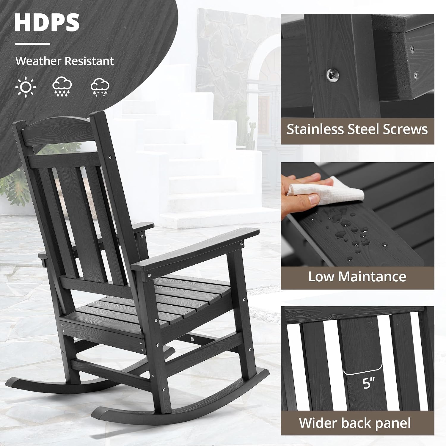 LUE BONA Outdoor Rocking Chairs Set of 2, Weather Resistant HDPS Poly Rocker Chairs, 350lb Heavy Duty, Oversized Porch Rocker for Adult, High Back Smooth Rocking Chairs for Outdoor & Indoor, Gray