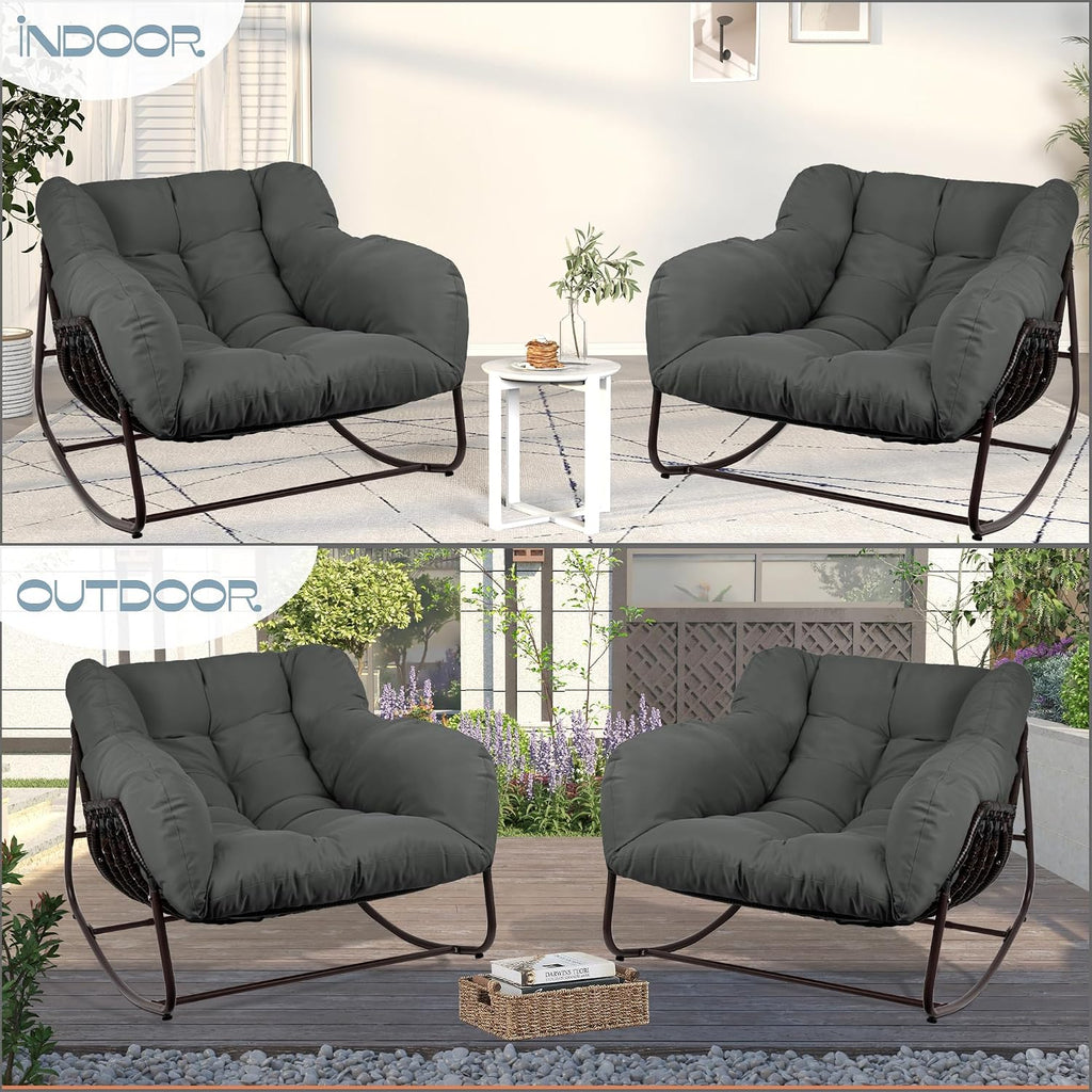 Outdoor Papasan Rocking Chair, Oversized Patio Rocking Chairs with Padded Cushion& Pillow-Comfortable Rocker Egg Chair for Front Porch, Garden, Patio, Backyard,2PC,Grey