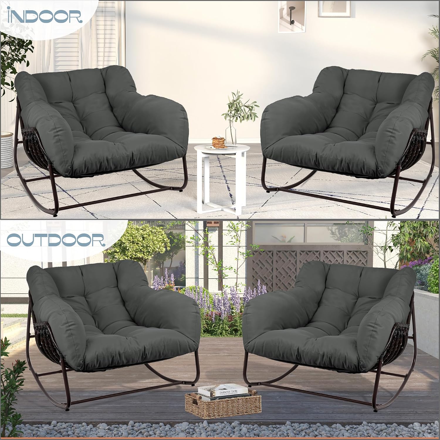 Outdoor Papasan Rocking Chair, Oversized Patio Rocking Chairs with Padded Cushion& Pillow-Comfortable Rocker Egg Chair for Front Porch, Garden, Patio, Backyard,2PC,Grey