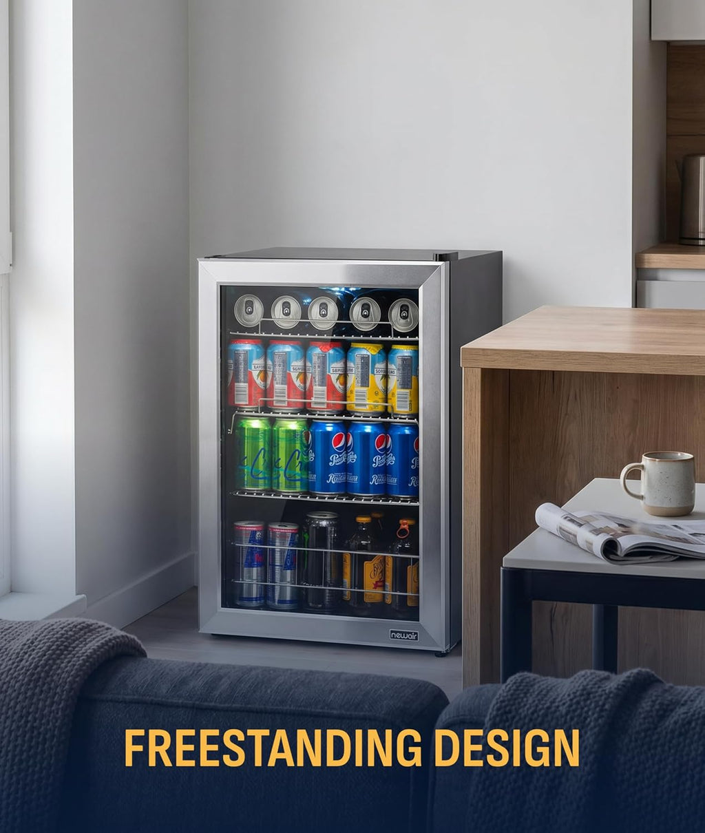 NewAir 90 Can Beverage Refrigerator | 17' Freestanding Small Mini Fridge for Bedroom, Home Bar or Office | Quiet Compressor Cooling & Adjustable Shelves | Stainless Steel