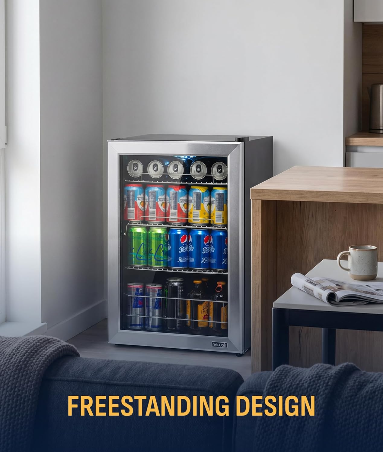 NewAir 90 Can Beverage Refrigerator | 17' Freestanding Small Mini Fridge for Bedroom, Home Bar or Office | Quiet Compressor Cooling & Adjustable Shelves | Stainless Steel