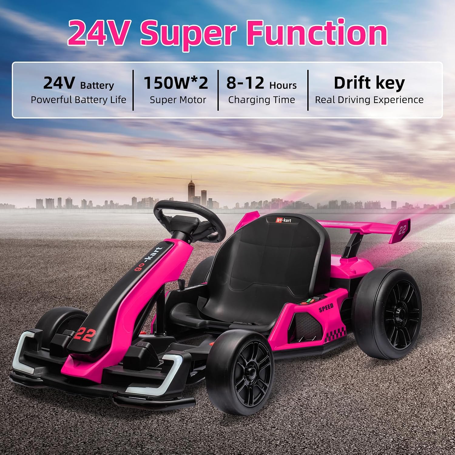 Nasitip 24V Electric Go Kart,300W Powerful Drift Kart for Kids, Electric Pedal Kart,with 300W Strong Motor, Drift/Sport Mode, Big Battery, Eva Tire,Length Adjustmen for Outdoor Racing Toy (Rose)