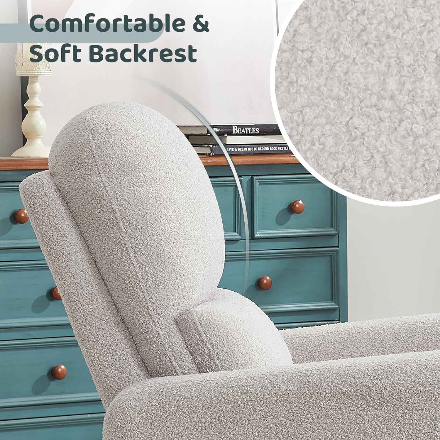 Swivel Rocker Recliner, Power Recliner Glider with Removable Cushion, Oversized Upholstered Boucle Swivel Reclining Nursery Chairs for Living Room Bedroom, Teddy Grey