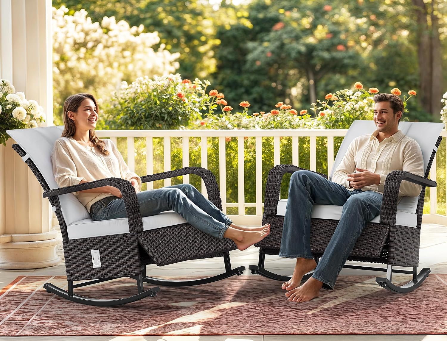 YITAHOME Outdoor Rocking Chair Set of 2, Wicker Lounge Chairs with Adjustment Backrest, PE Rattan Patio Recliner Chair with Adjustable Footrest and Soft Cushions, Ideal for Garden Backyard Porch Patio